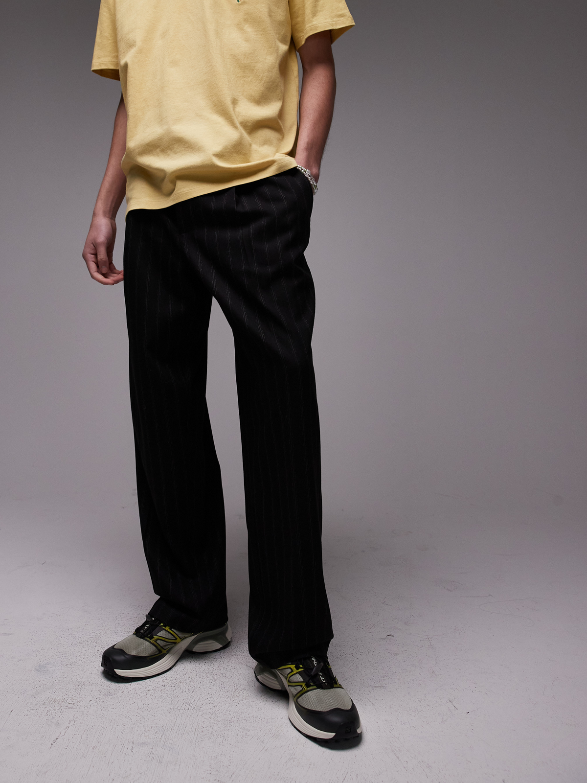 Topman Pinstripe Wide Leg Trousers | Black