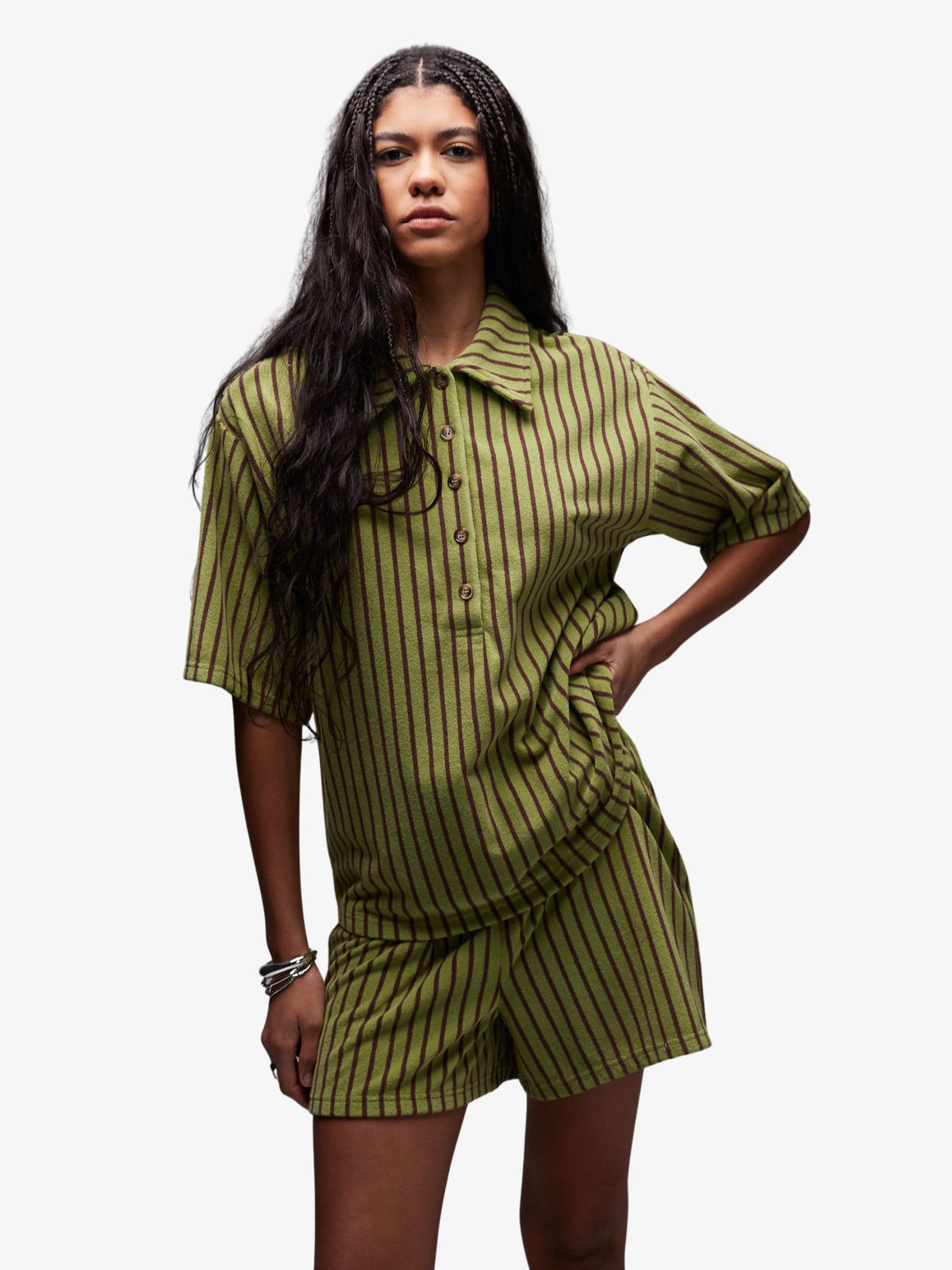 Topshop Stripe Towelling Shorts Co-Ord | Green