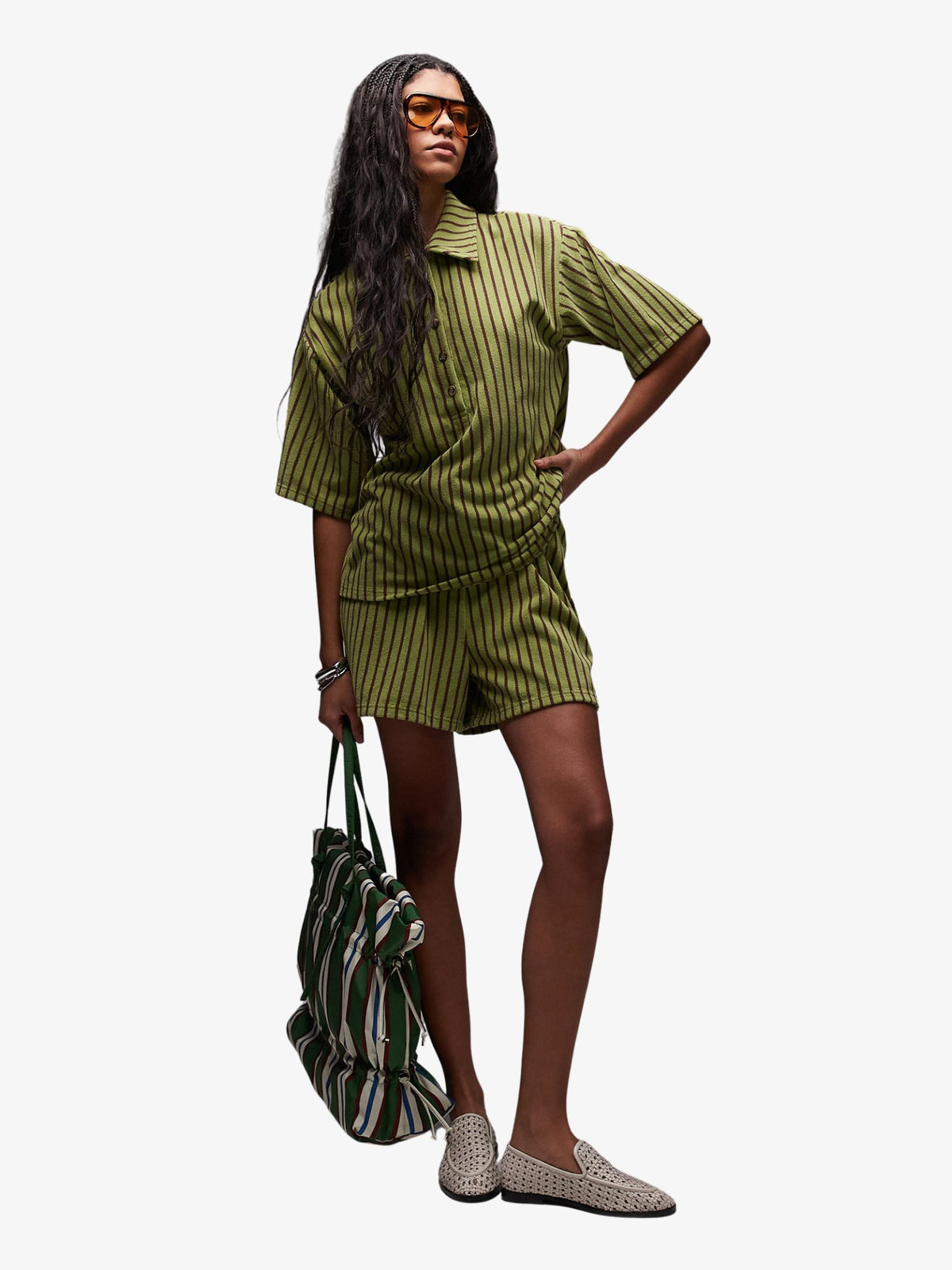 Topshop Stripe Towelling Shorts Co-Ord | Green