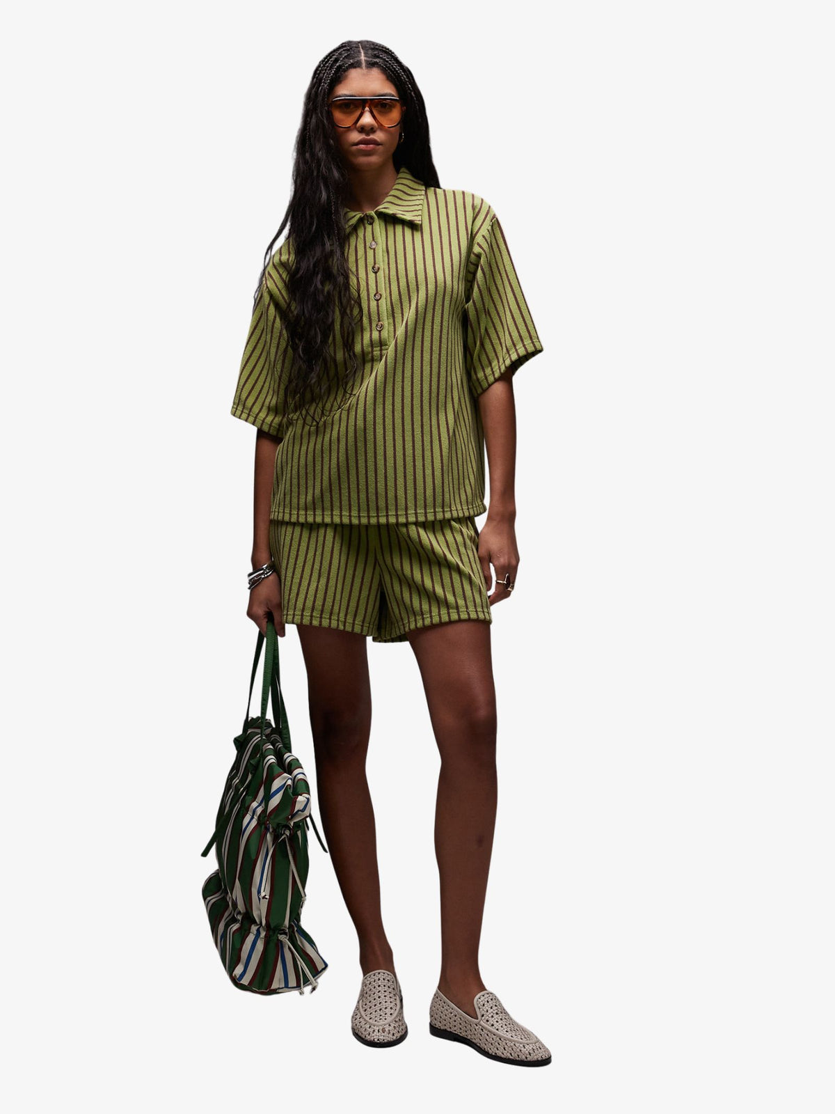 Topshop Stripe Towelling Boxy Polo Co-Ord | Green