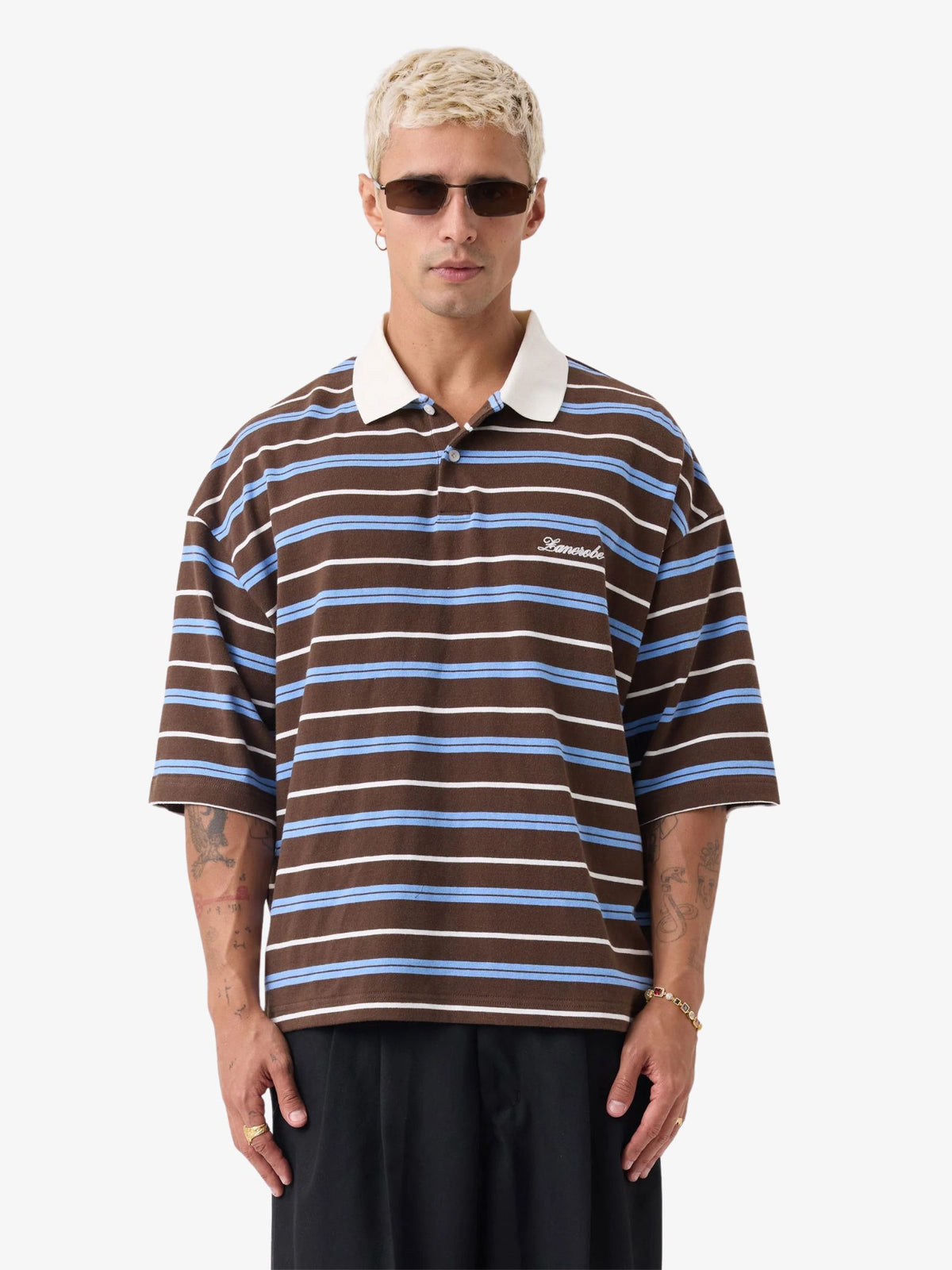 Zanerobe Box Crop Polo Shirt | Choc/Sky Blue