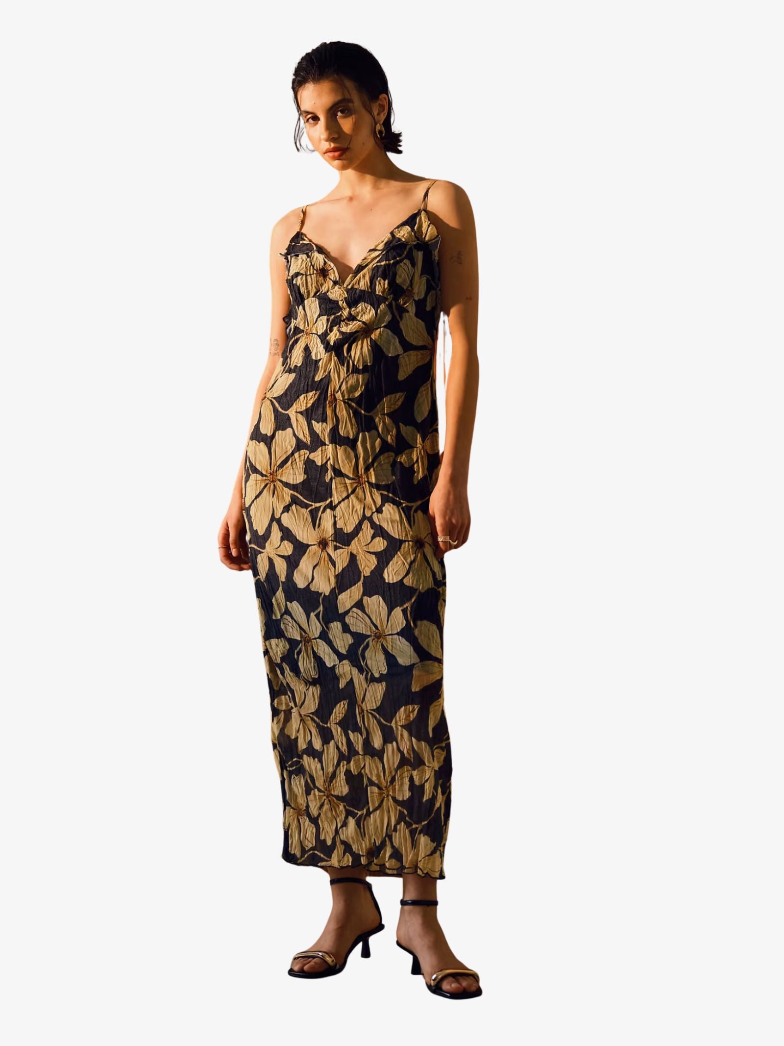 Floral Print Crinkle Mesh Maxi Dress