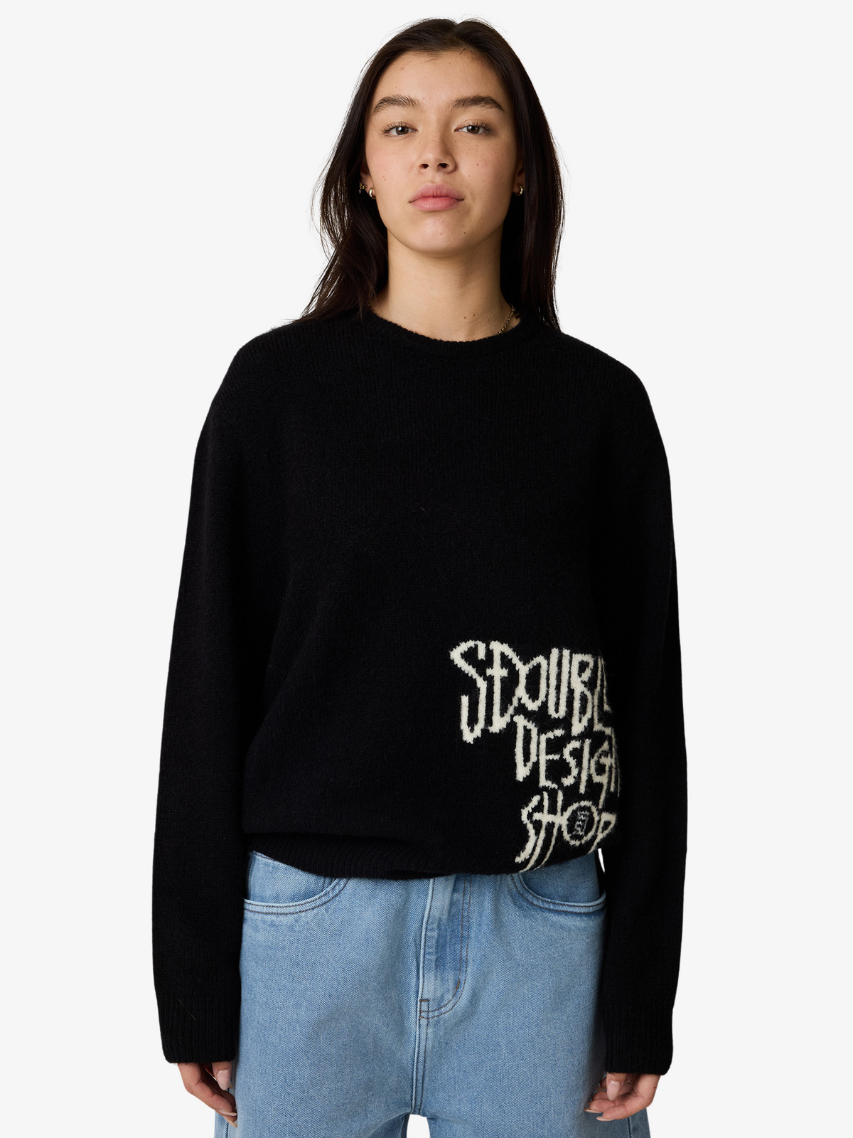S-Double Placement Knit Womens Sweater | Black