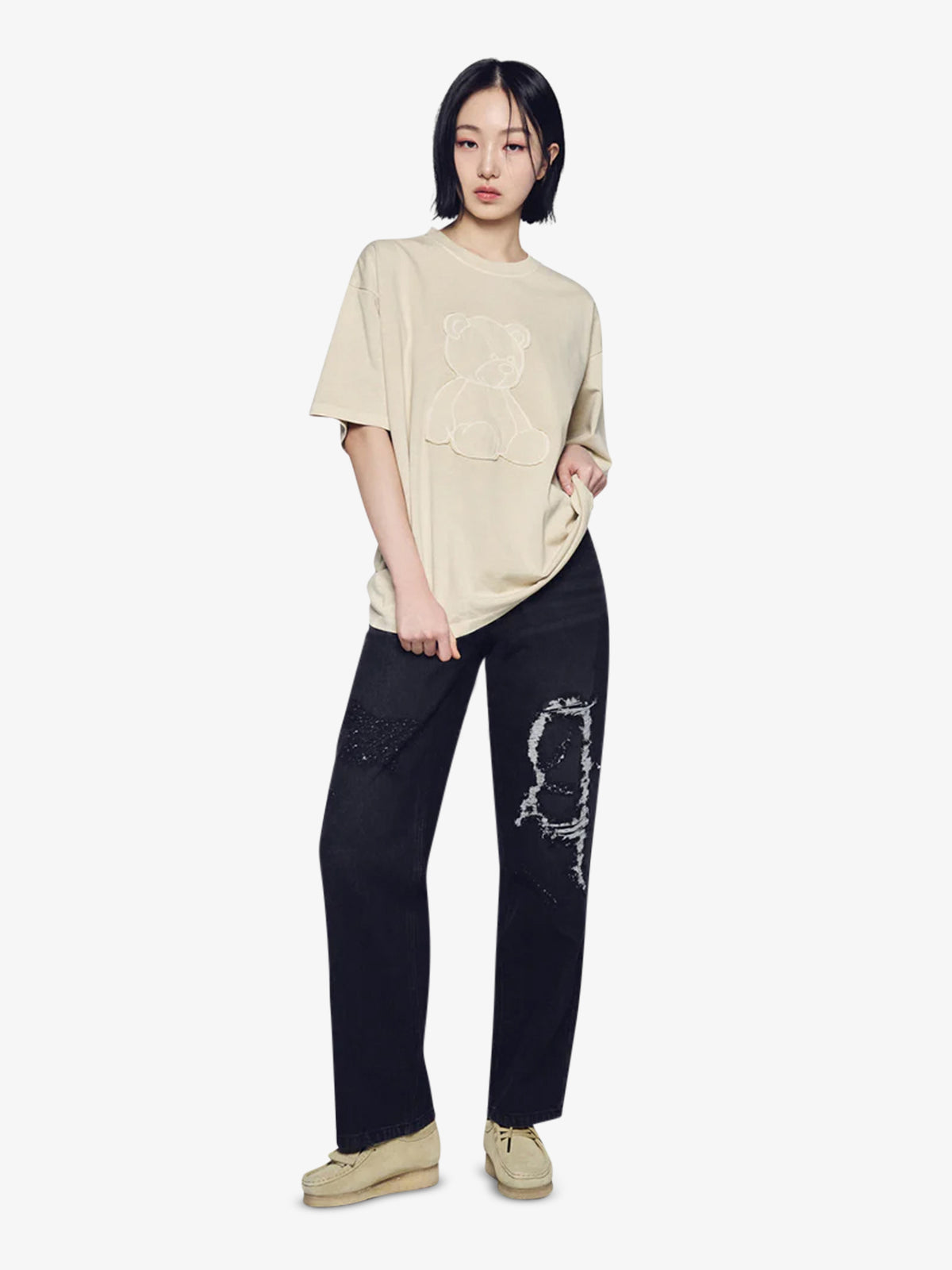 ADLV Bear Applique Pigment Washing Short Sleeve T-Shirt | BEIGE