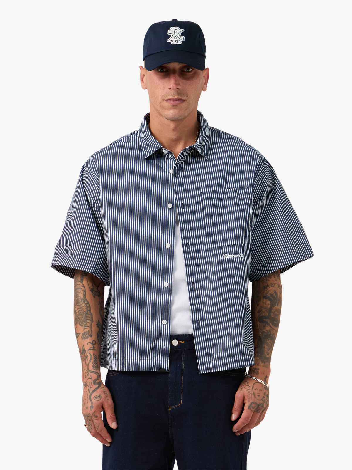 Zanerobe Box Crop Shirt | Navy Stripe