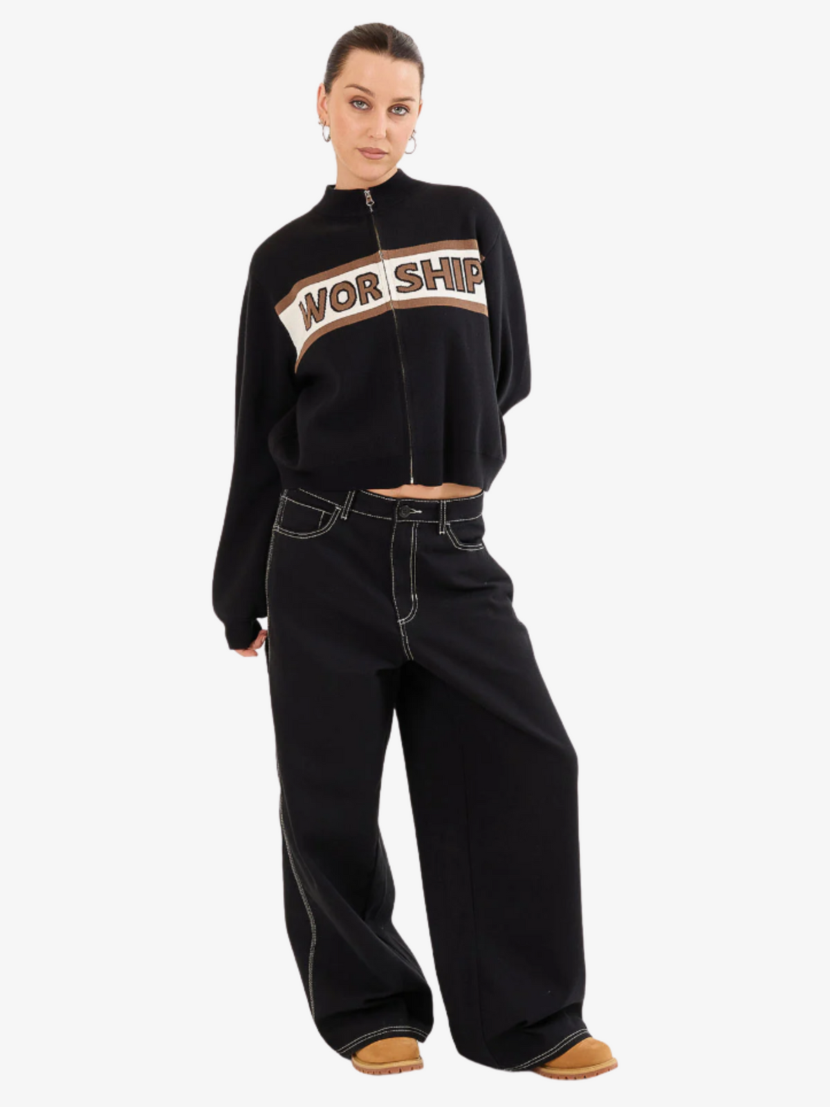 Worship Brassy Zip Front Knit Jacket | BLACK