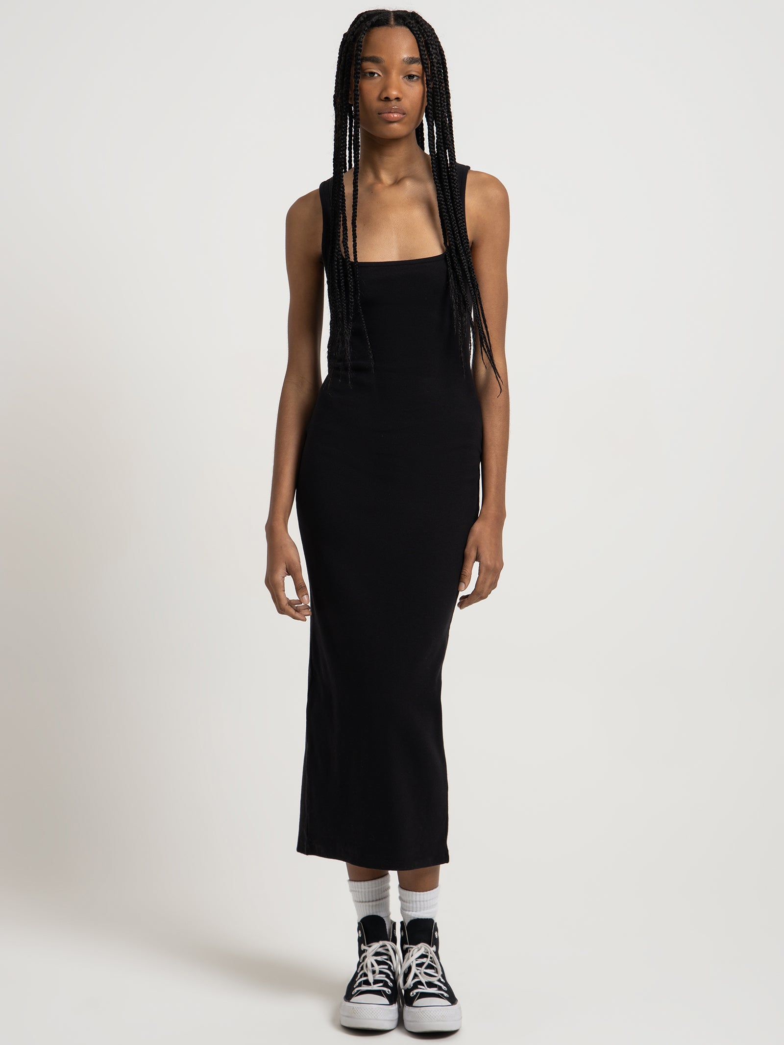 Square Neck Spaghetti Strap Black Midi Dress Beyond Her Misty