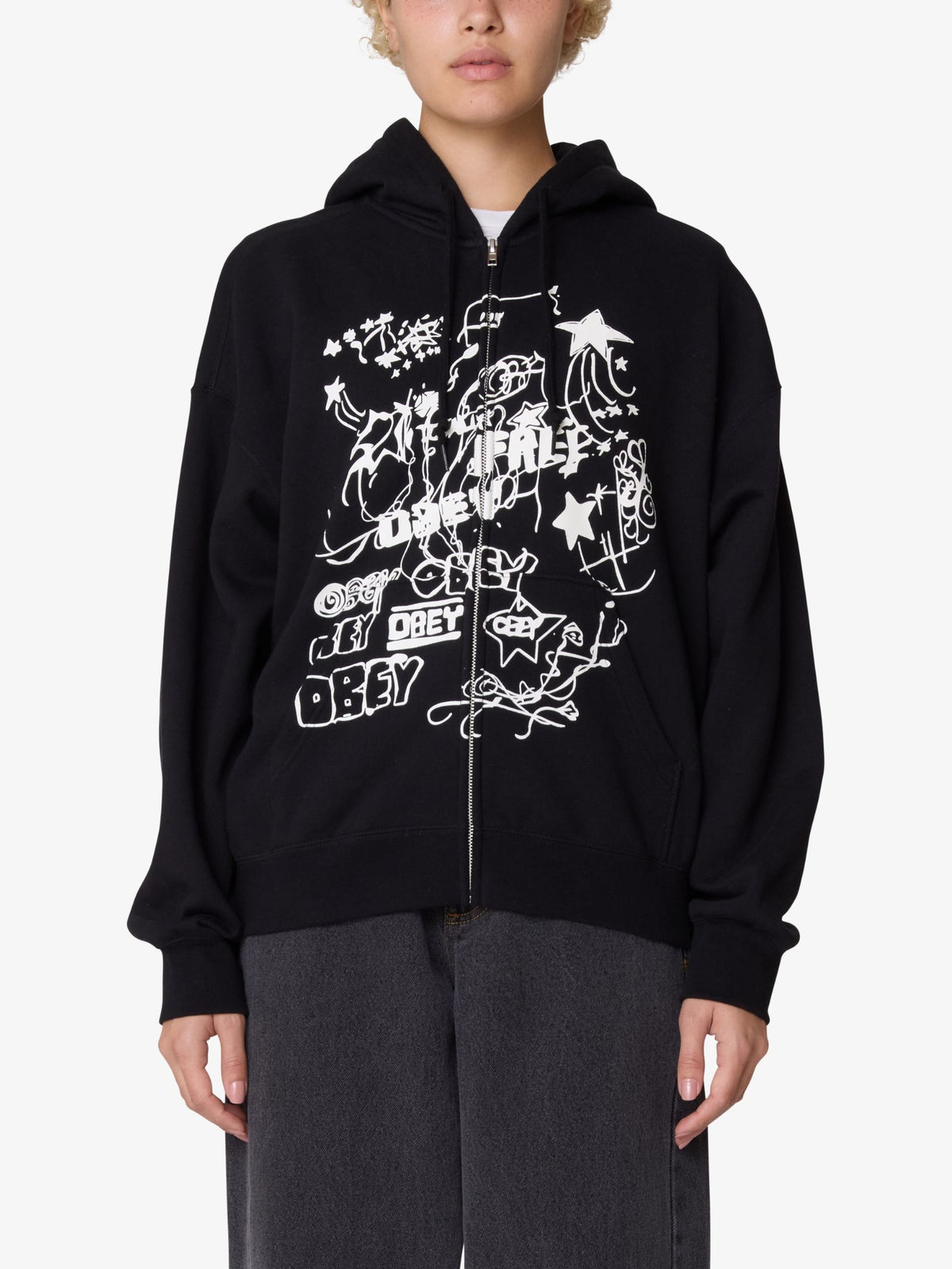 Obey Jumble Baggy Relaxed Zip Hood | Digital Black