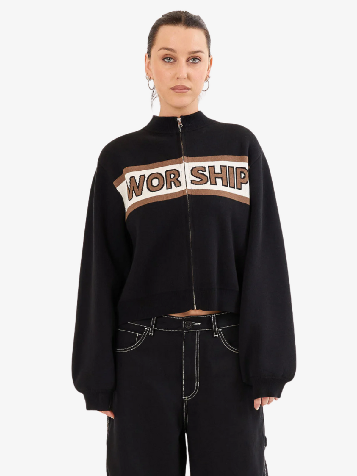 Worship Brassy Zip Front Knit Jacket | BLACK