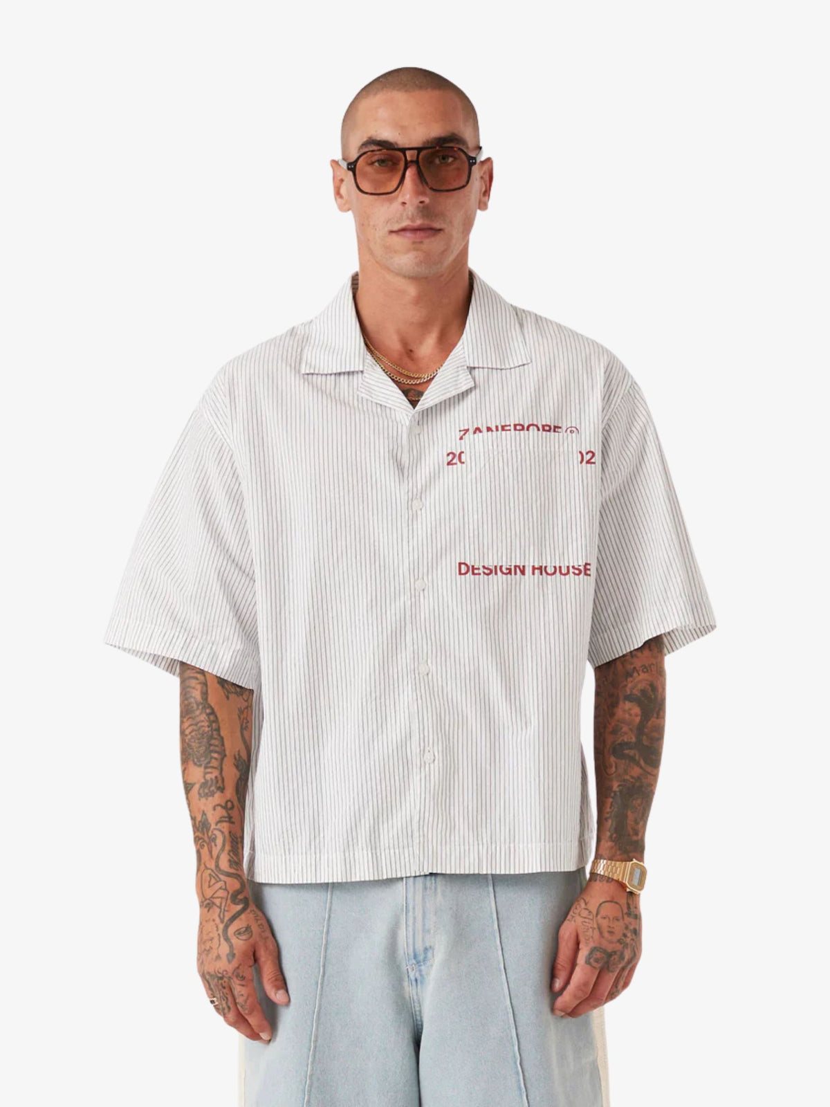 Zanerobe Overlap Crop Shirt | White Pinstripe