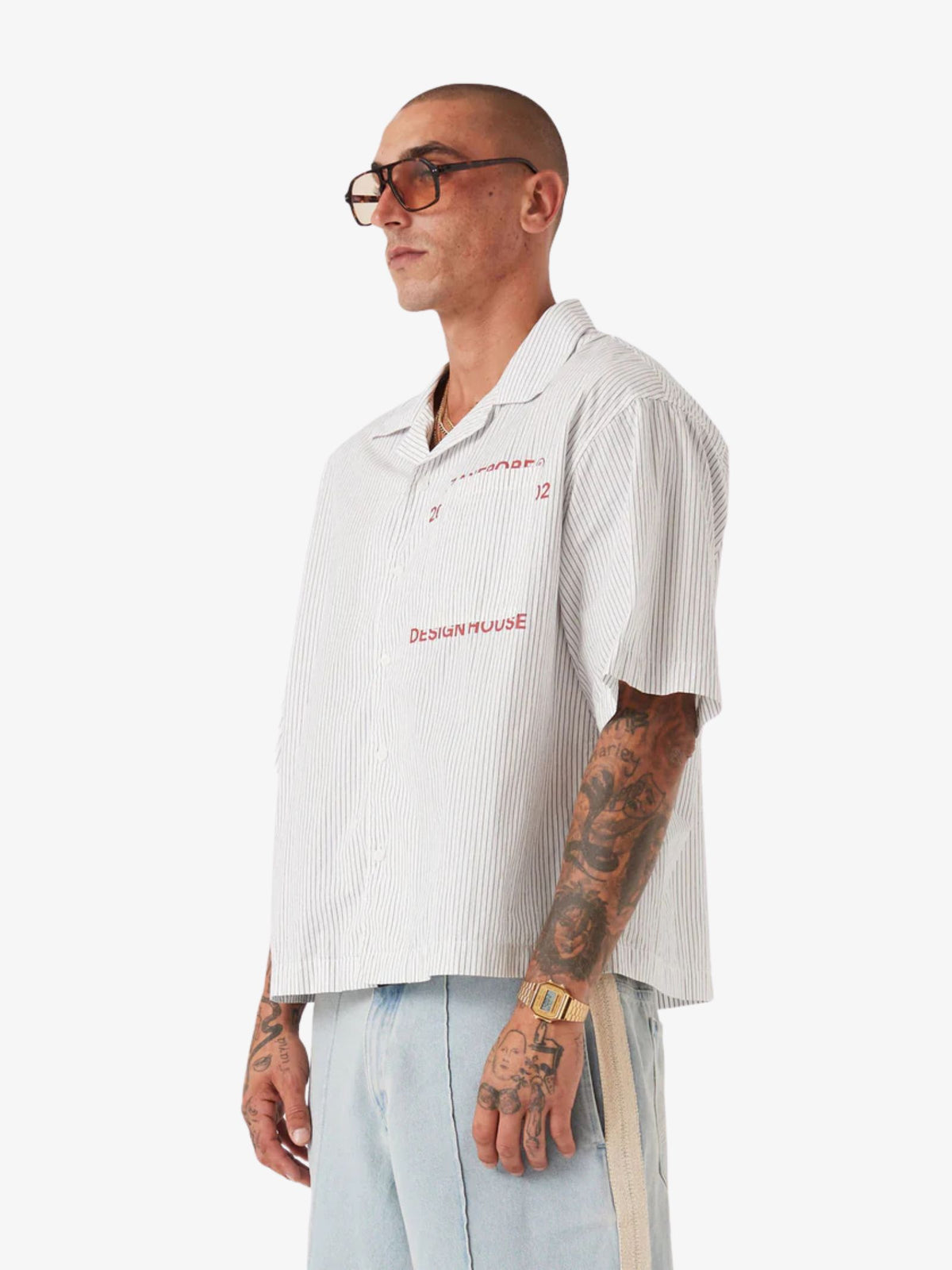 Zanerobe Overlap Crop Shirt | White Pinstripe