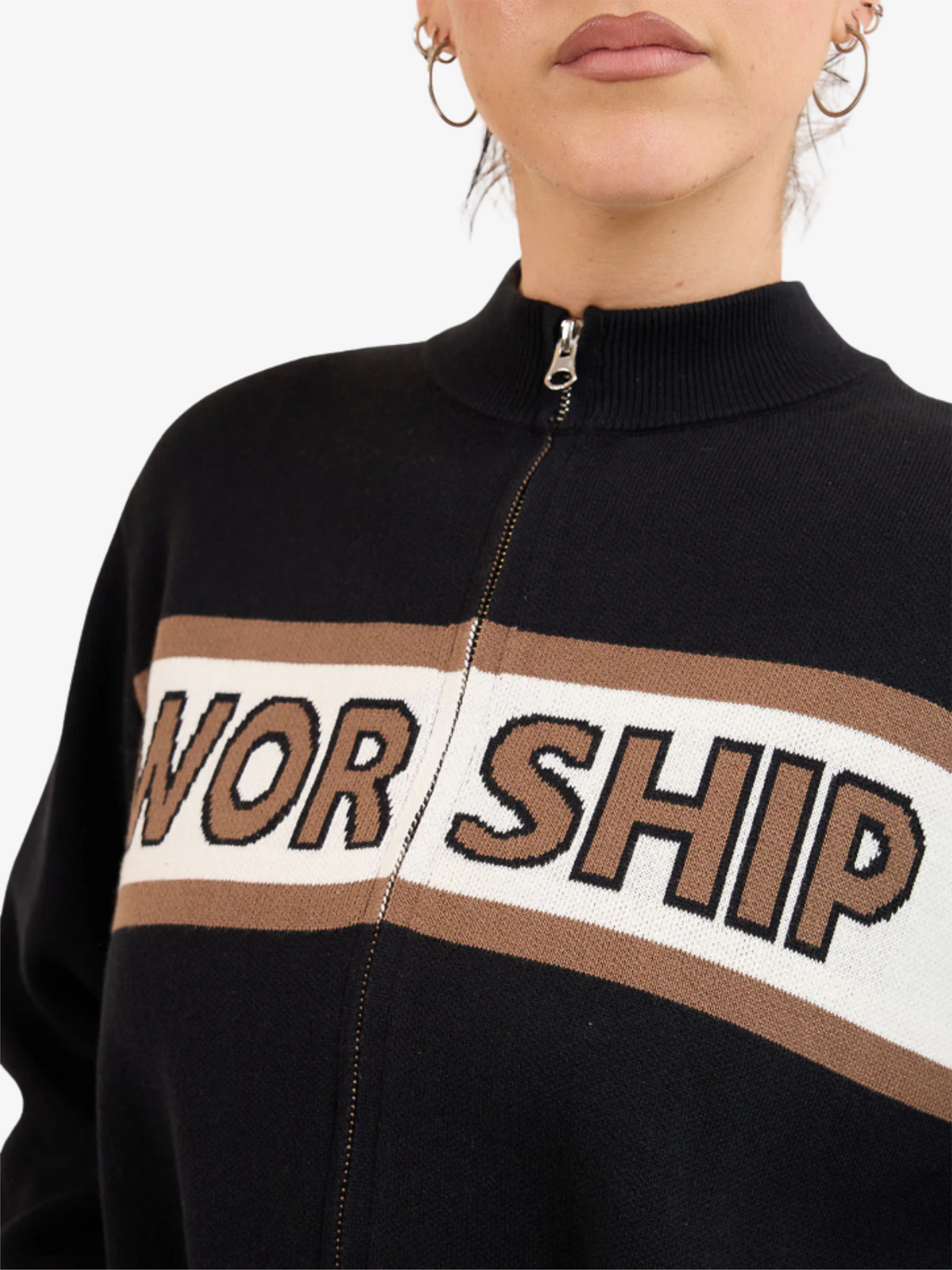 Worship Brassy Zip Front Knit Jacket | BLACK
