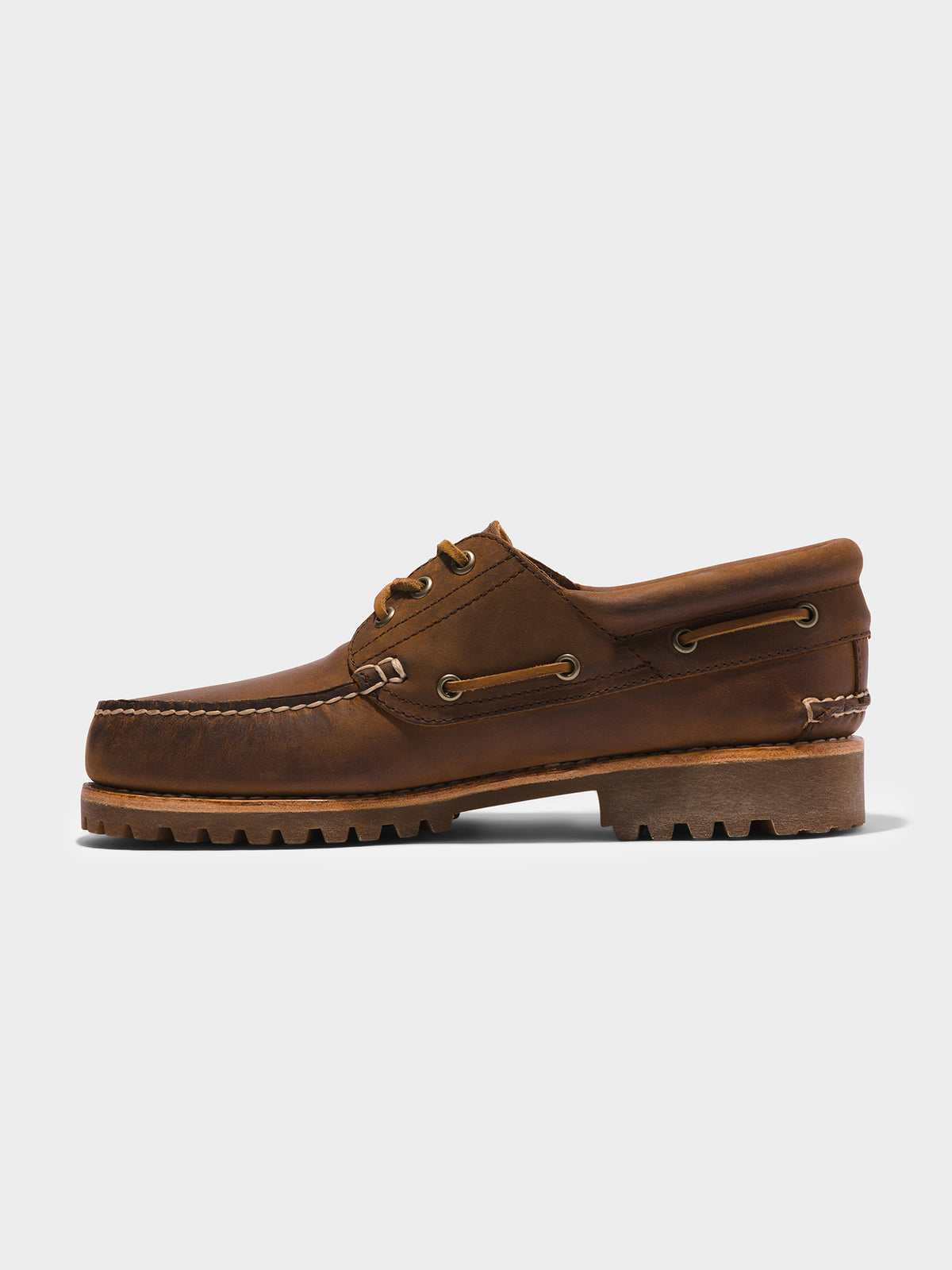 Mens 3 Eye Classic Lug Handsewn Boat Shoes in Brown