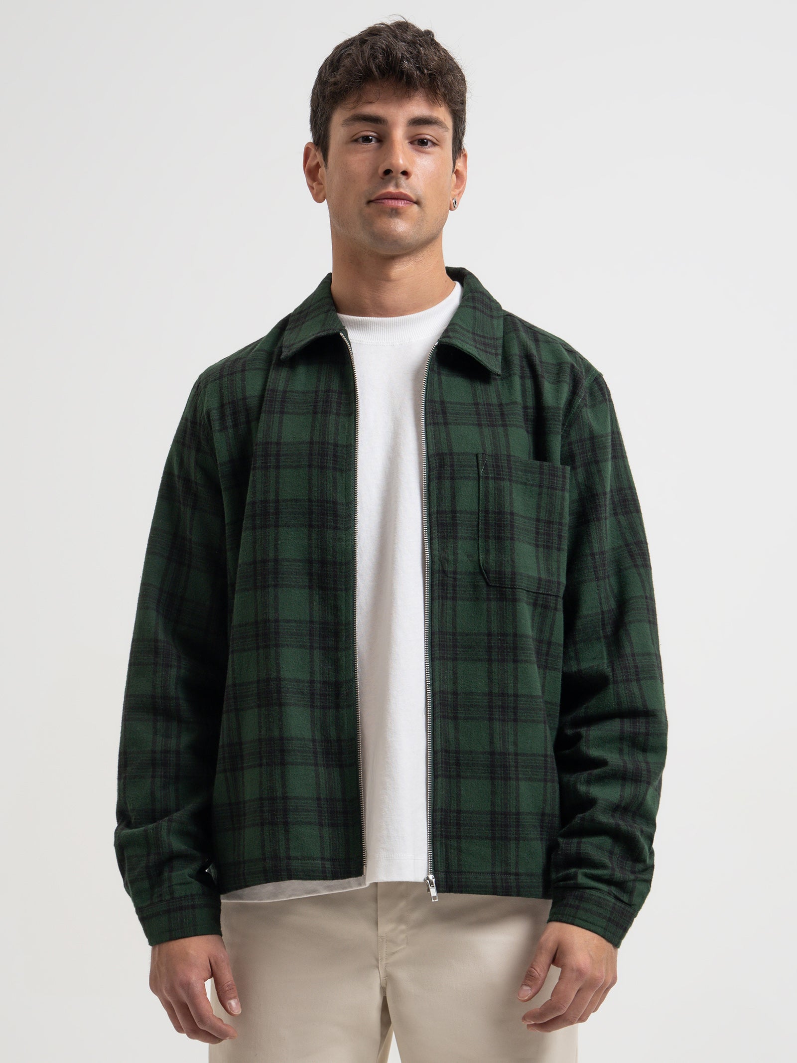 Shadow Plaid Zip Up Shirt in Green - Glue Store