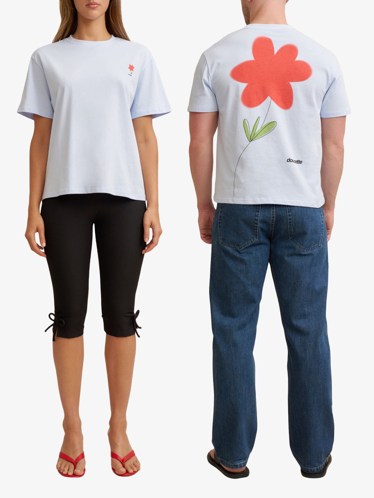 Doucette Unisex Red Flower Trim Tee | Light Blue