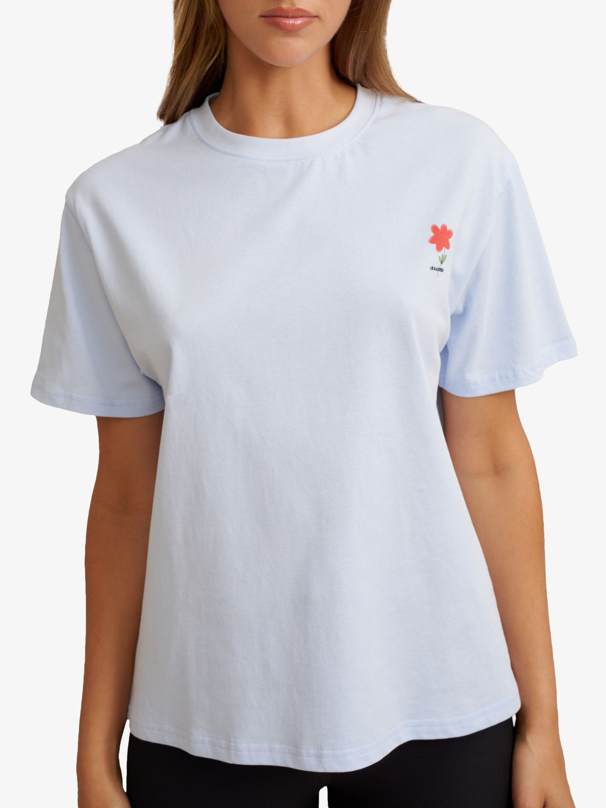 Doucette Unisex Red Flower Trim Tee | Light Blue