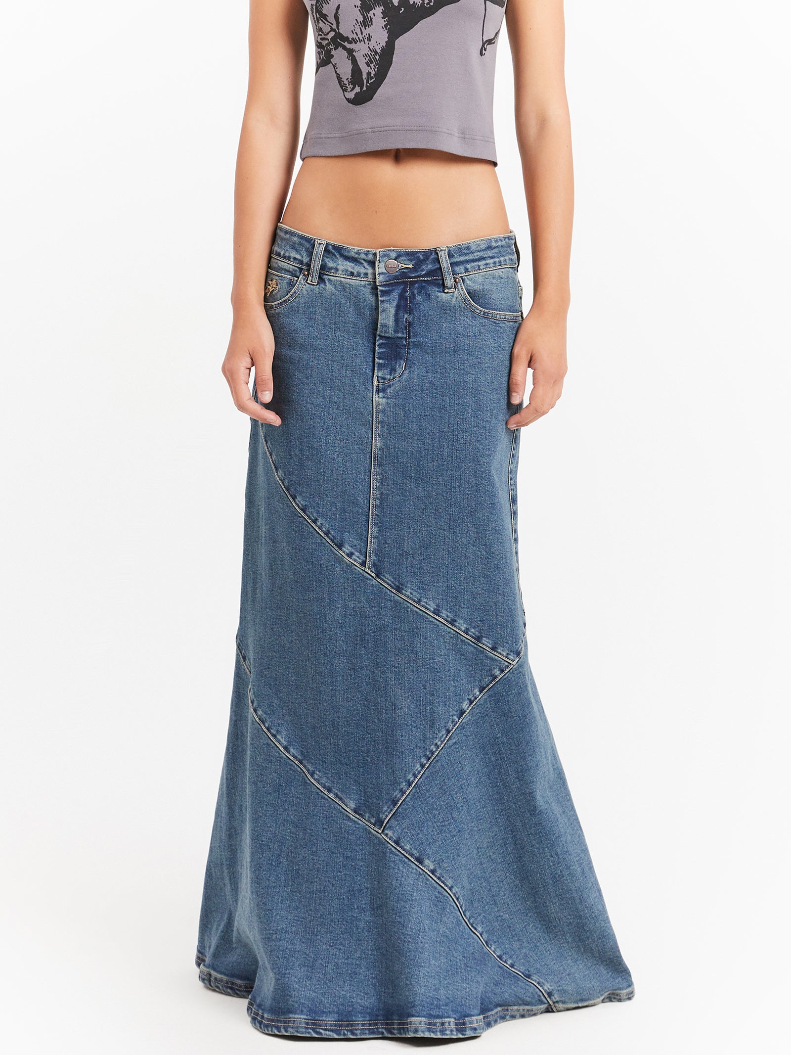 Worship Crossroads Denim Maxi Skirt Dirty Mid Blue