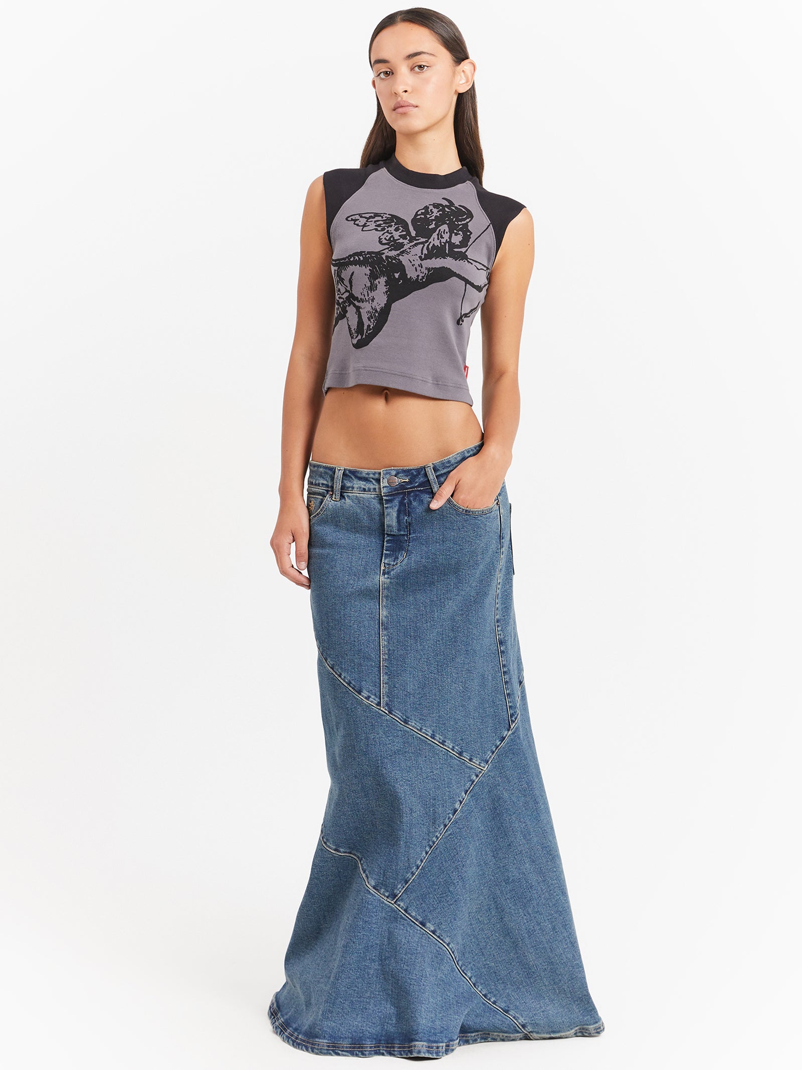 Worship Crossroads Denim Maxi Skirt Dirty Mid Blue