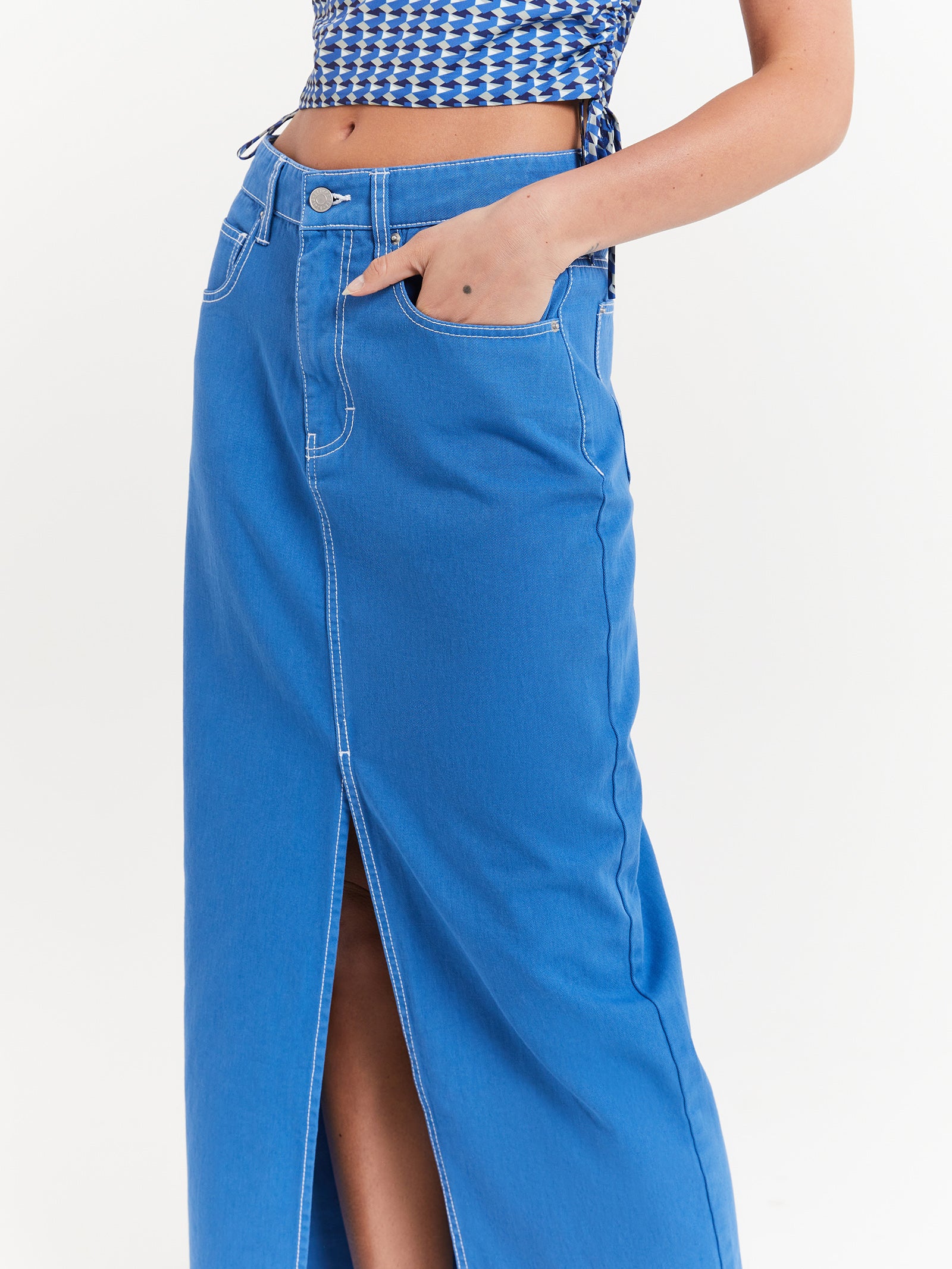 Celine Slit Maxi Skirt in Denim Blue