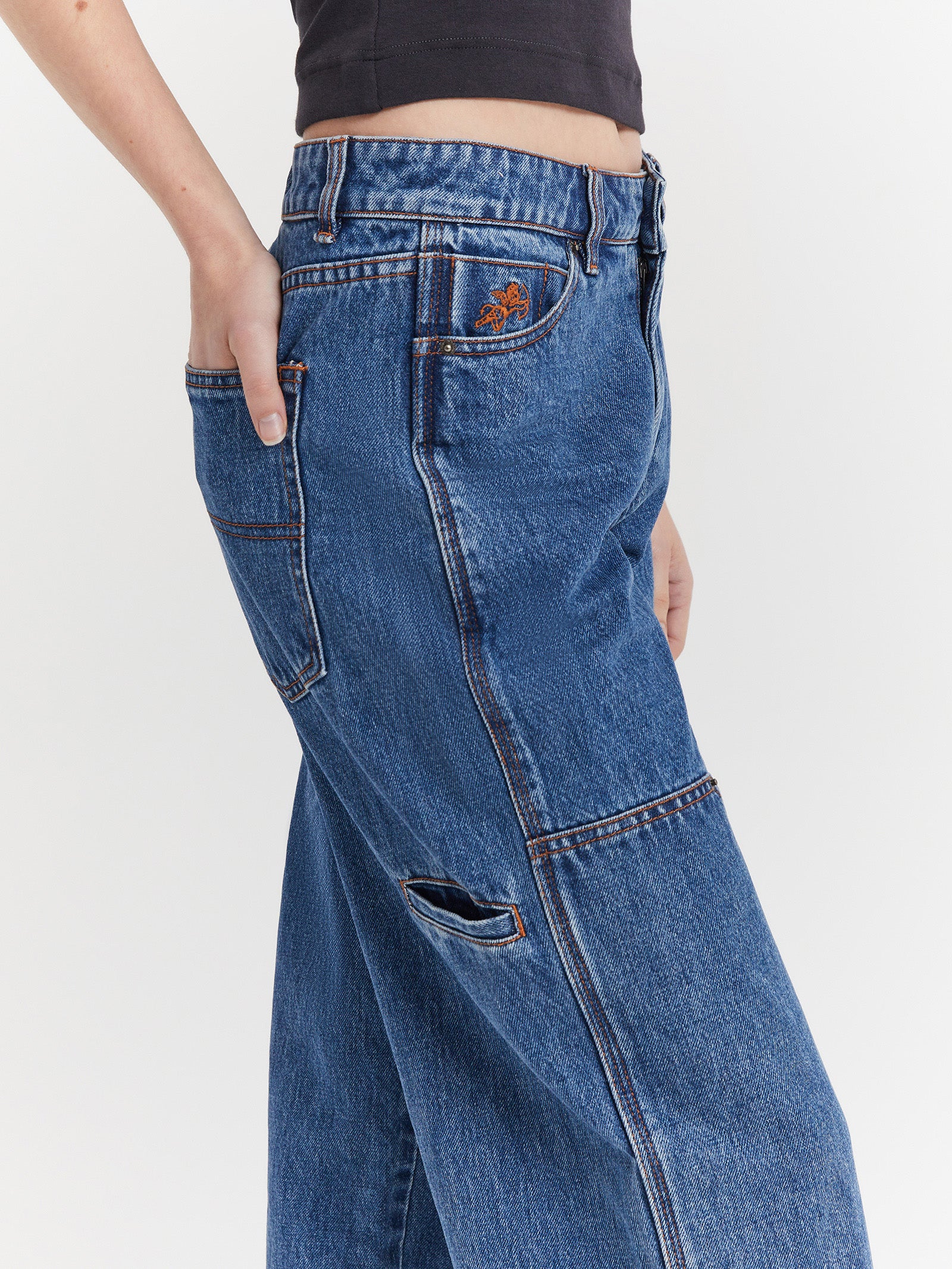 Double-Knee Slouch Jeans in Classic Mid Blue - Glue Store