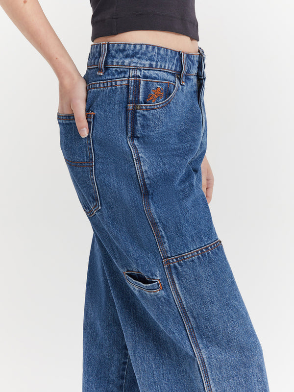 Double-Knee Slouch Jeans in Classic Mid Blue - Glue Store