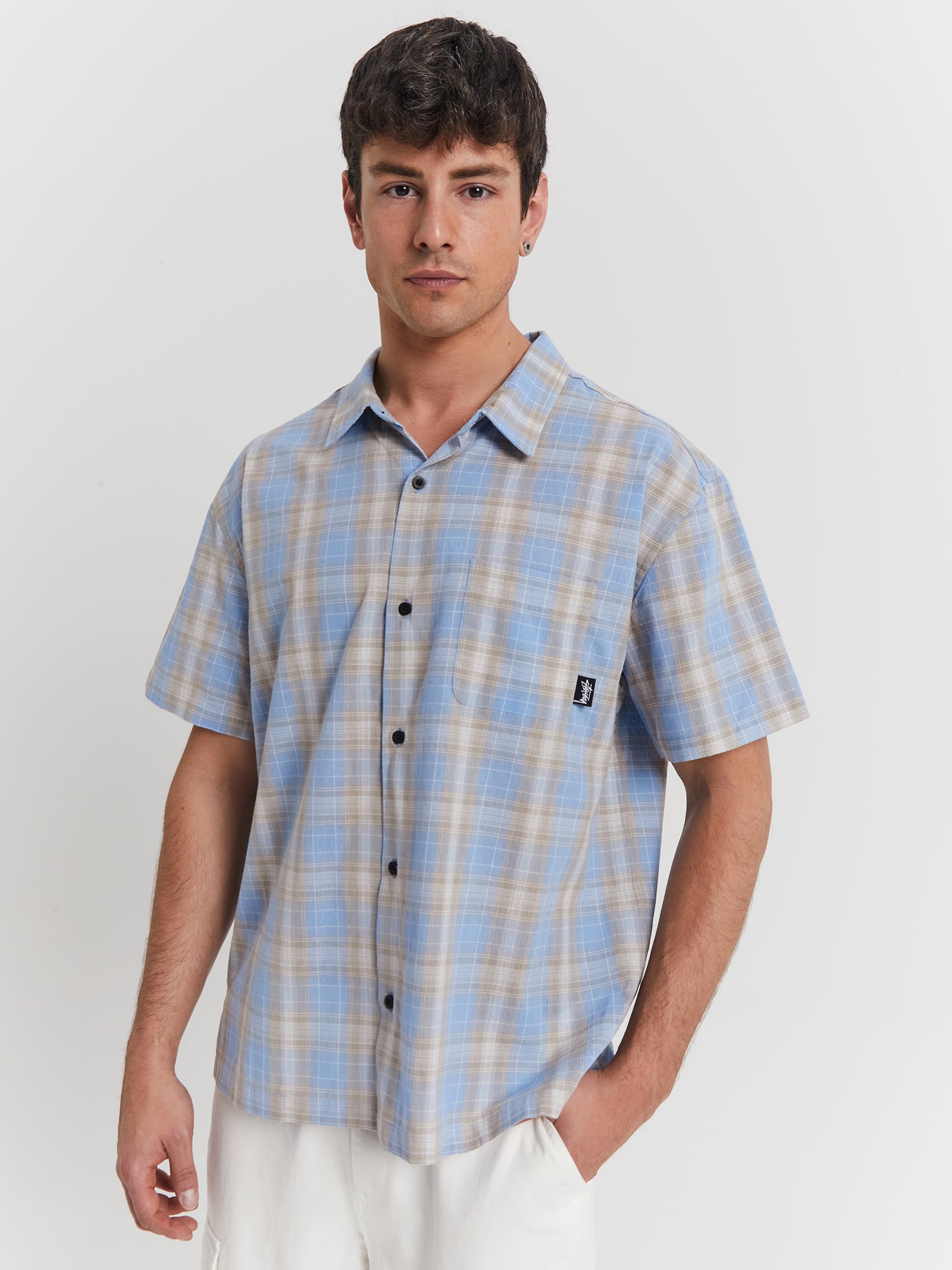 Ornata Pocket Short Sleeve Shirt in Blue Check - Glue Store