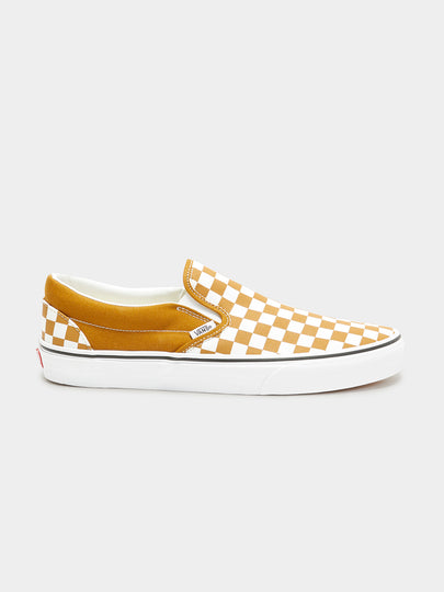 Unisex Color Theory Checkerboard Slip-On Sneakers in Golden Brown