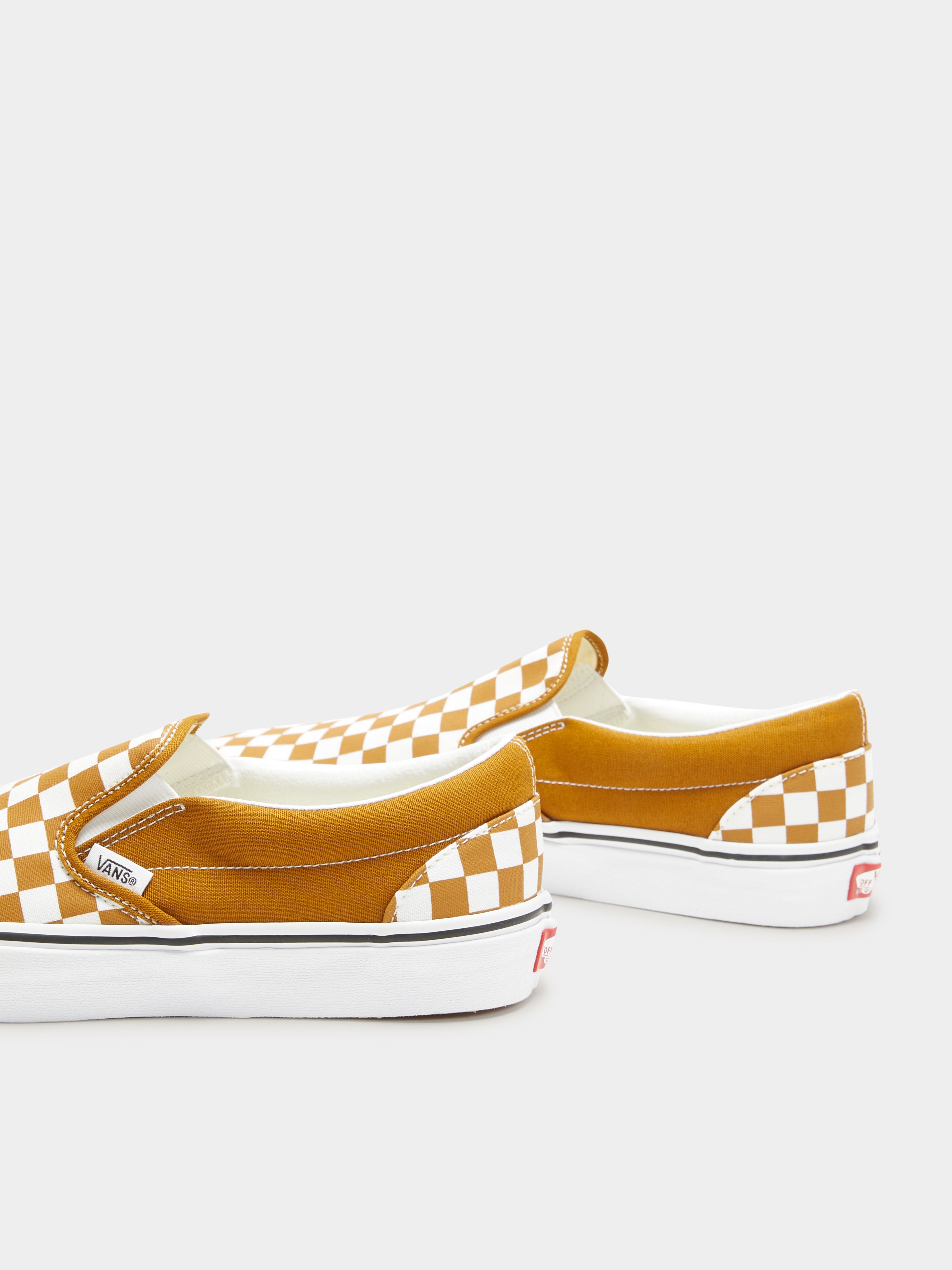 Unisex Color Theory Checkerboard Slip-On Sneakers in Golden Brown