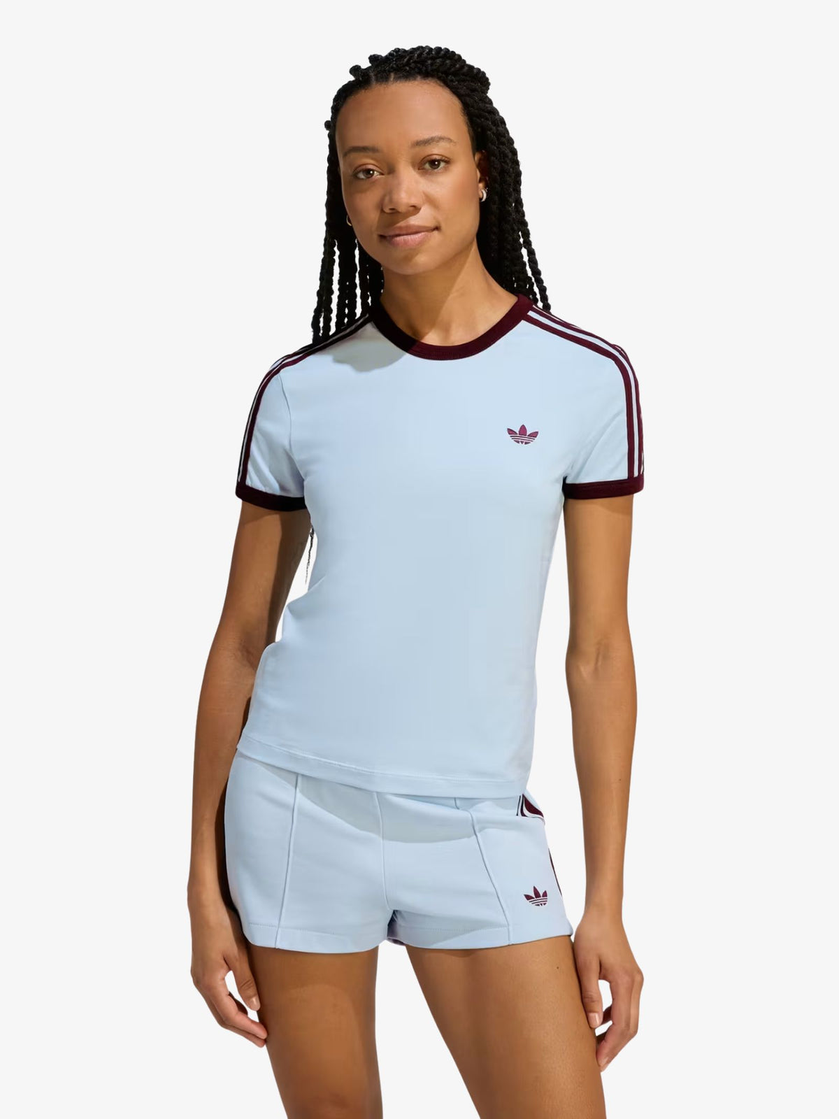 Adidas 3 Stripes Slim Tee | Crystal Sky/Maroon