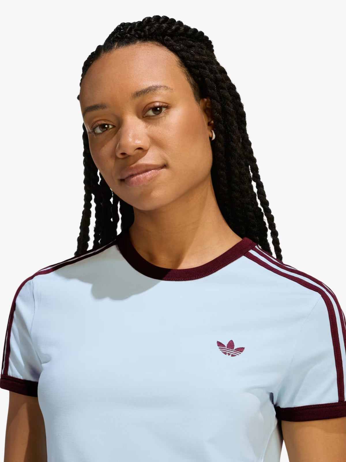 Adidas 3 Stripes Slim Tee | Crystal Sky/Maroon