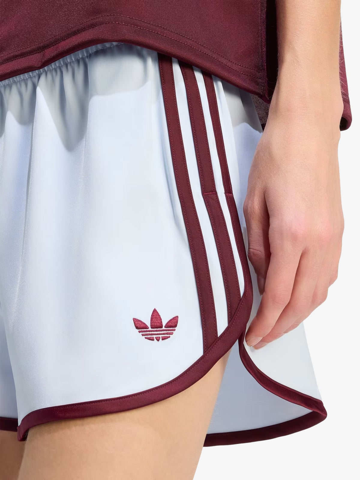 Adidas 3 Stripes Sprinter Shorts | Crystal Sky/Maroon