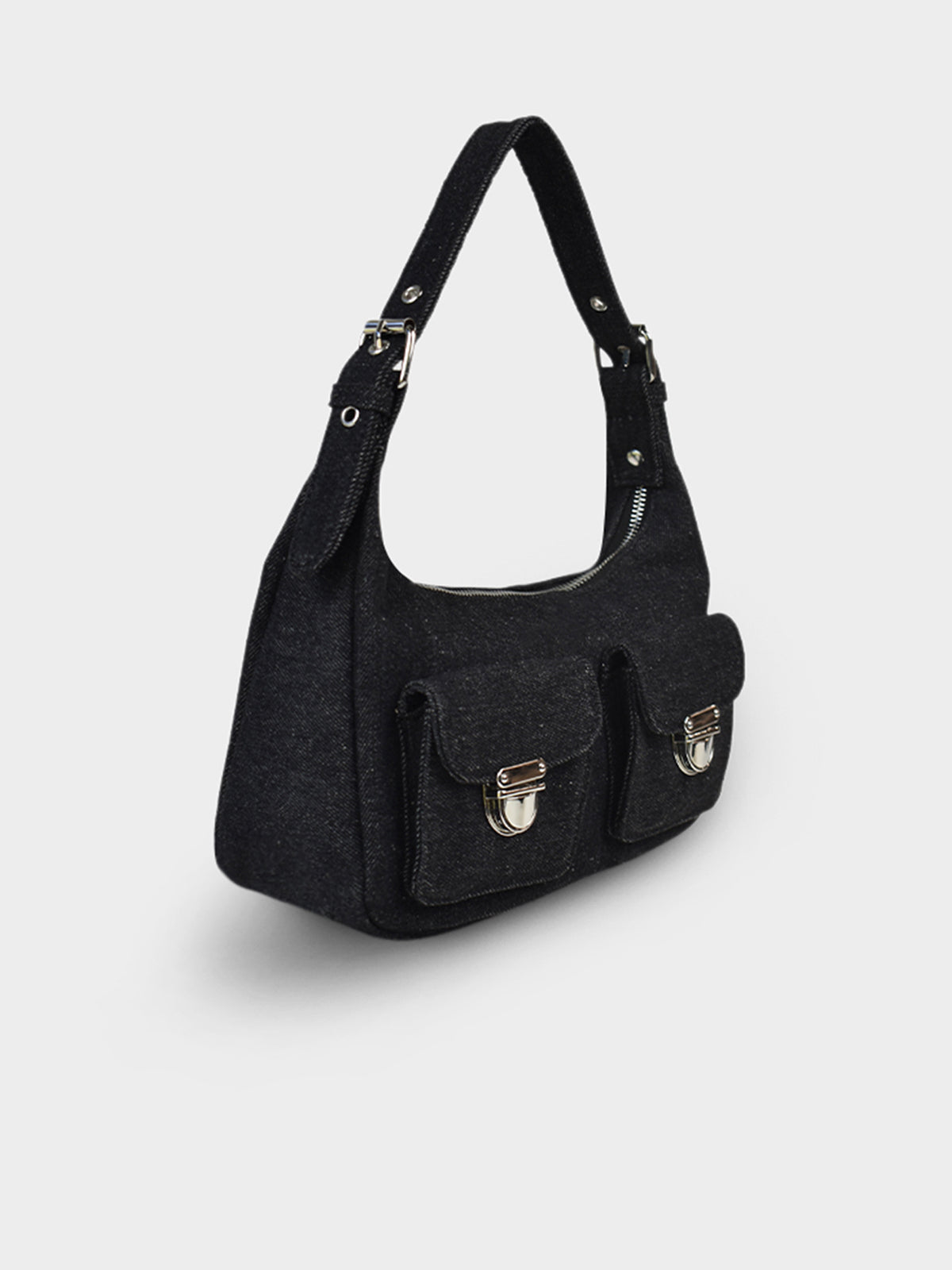 Livi Denim Shoulder Bag in Black &amp; Silver