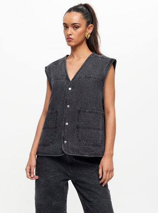 Freedom Oversized Denim Vest in Washed Charcoal Grey