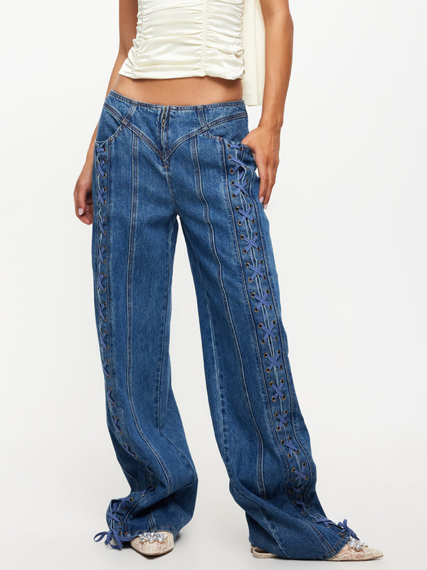 Lioness Daydream Tie Up Jeans in Blue Denim Blue denim Glue Store