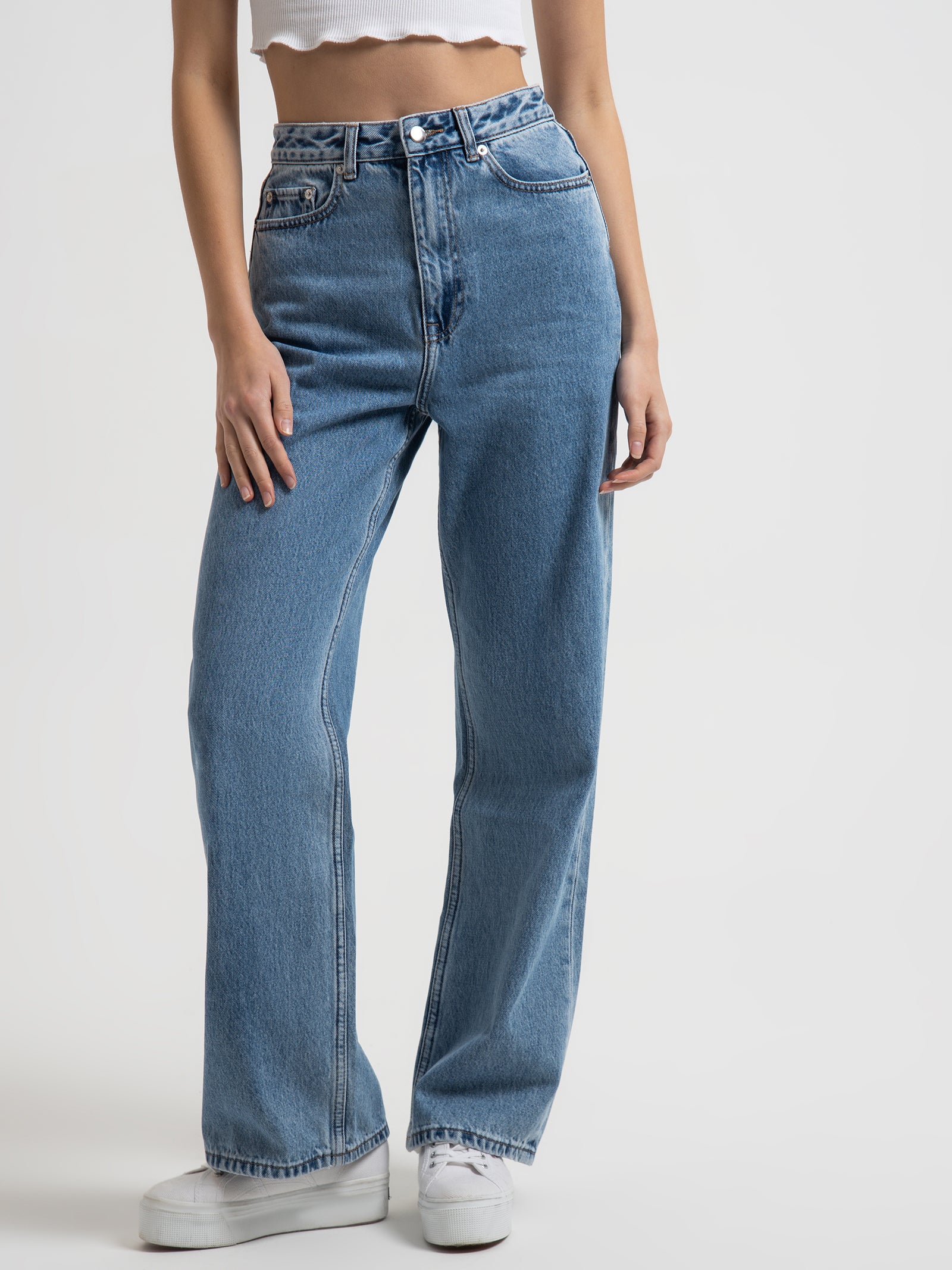 Organic Wide Leg Jeans in Washed Blue - Glue Store