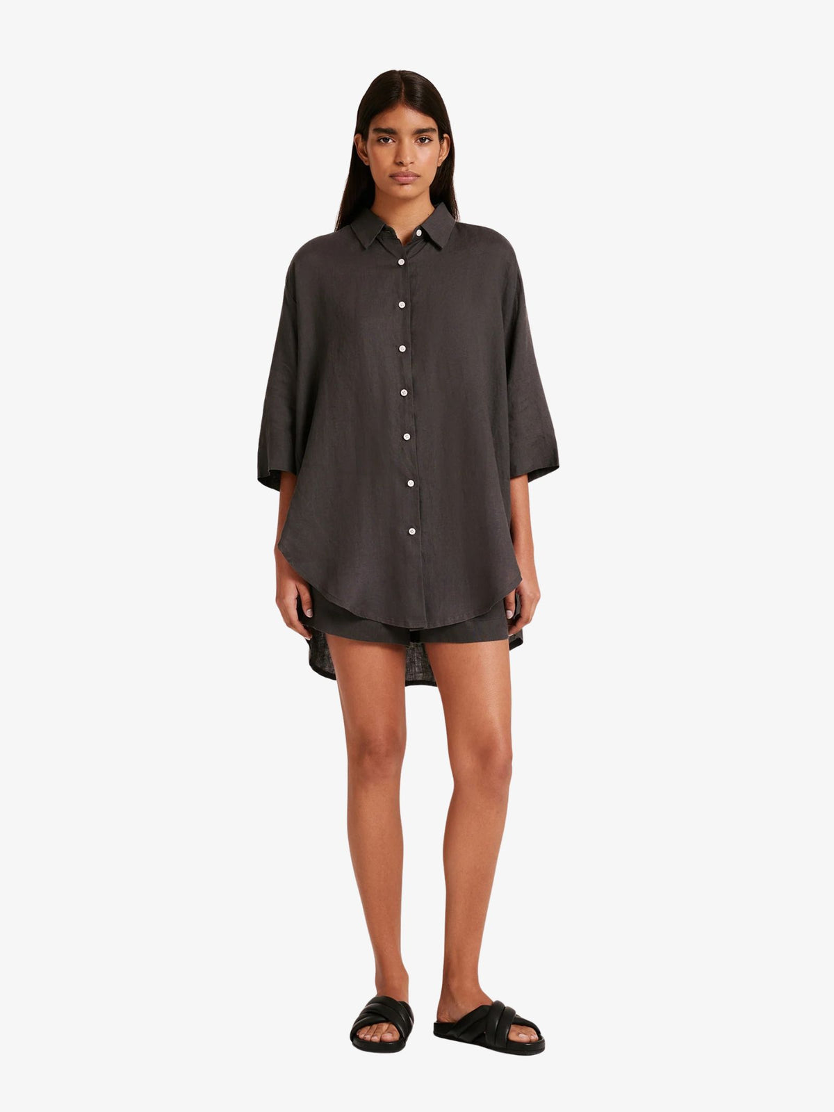 Nude Lucy Lounge Linen Longline Shirt | Coal
