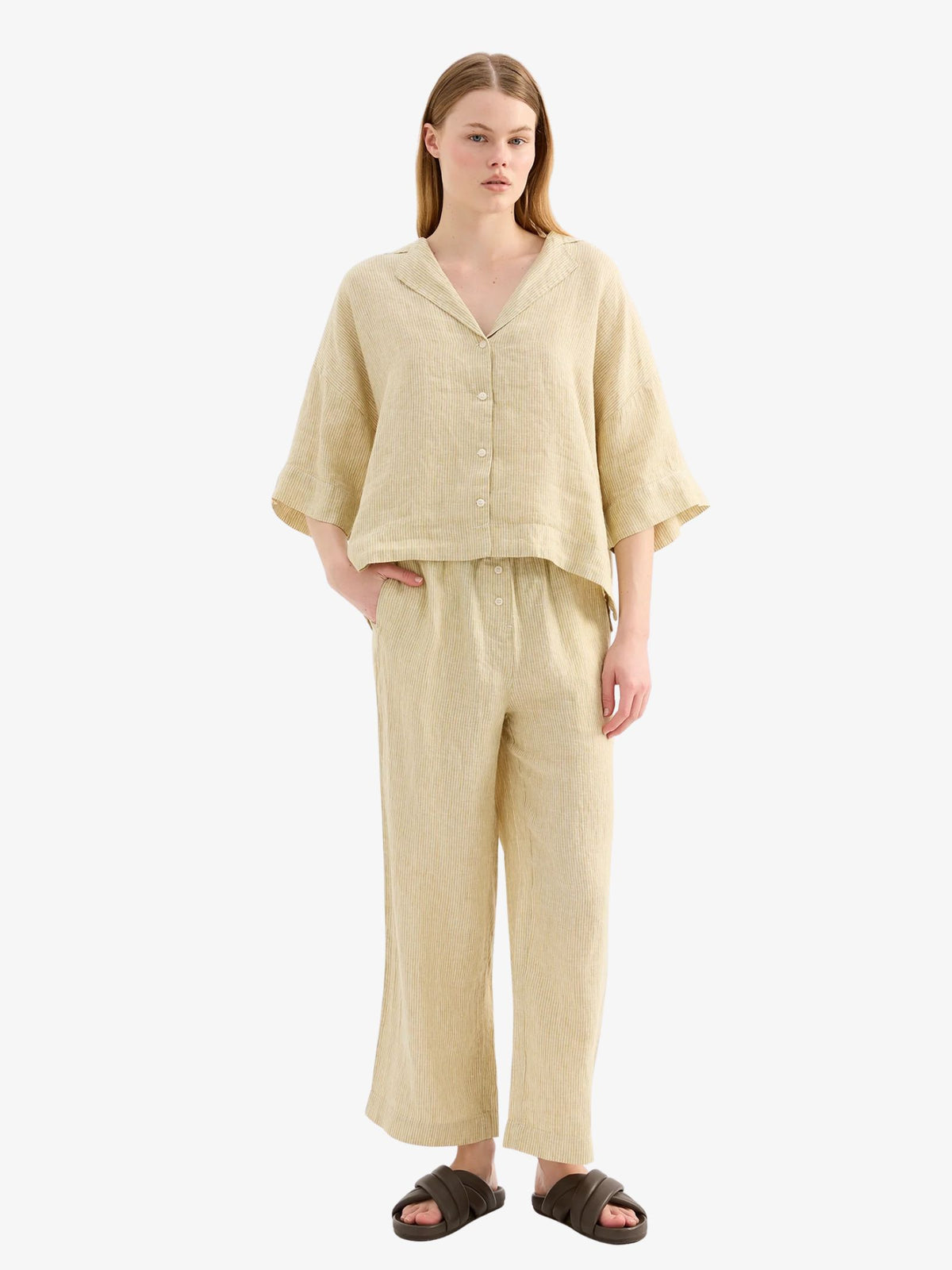 Nude Lucy Lounge Stripe Linen Shirt | Moss Stripe