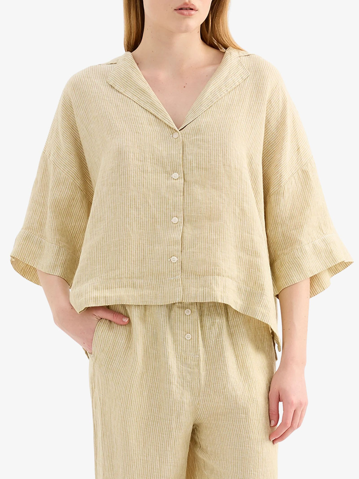 Nude Lucy Lounge Stripe Linen Shirt | Moss Stripe