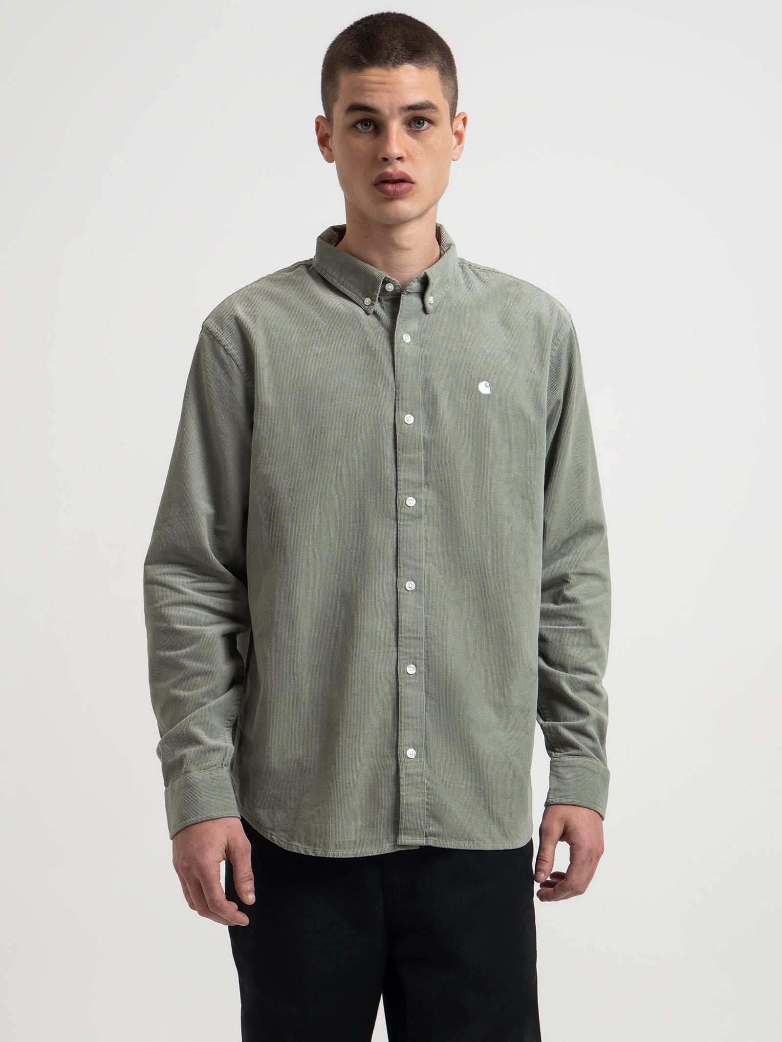 Long Sleeve Madison Fine Cord Shirt in Yucca & White