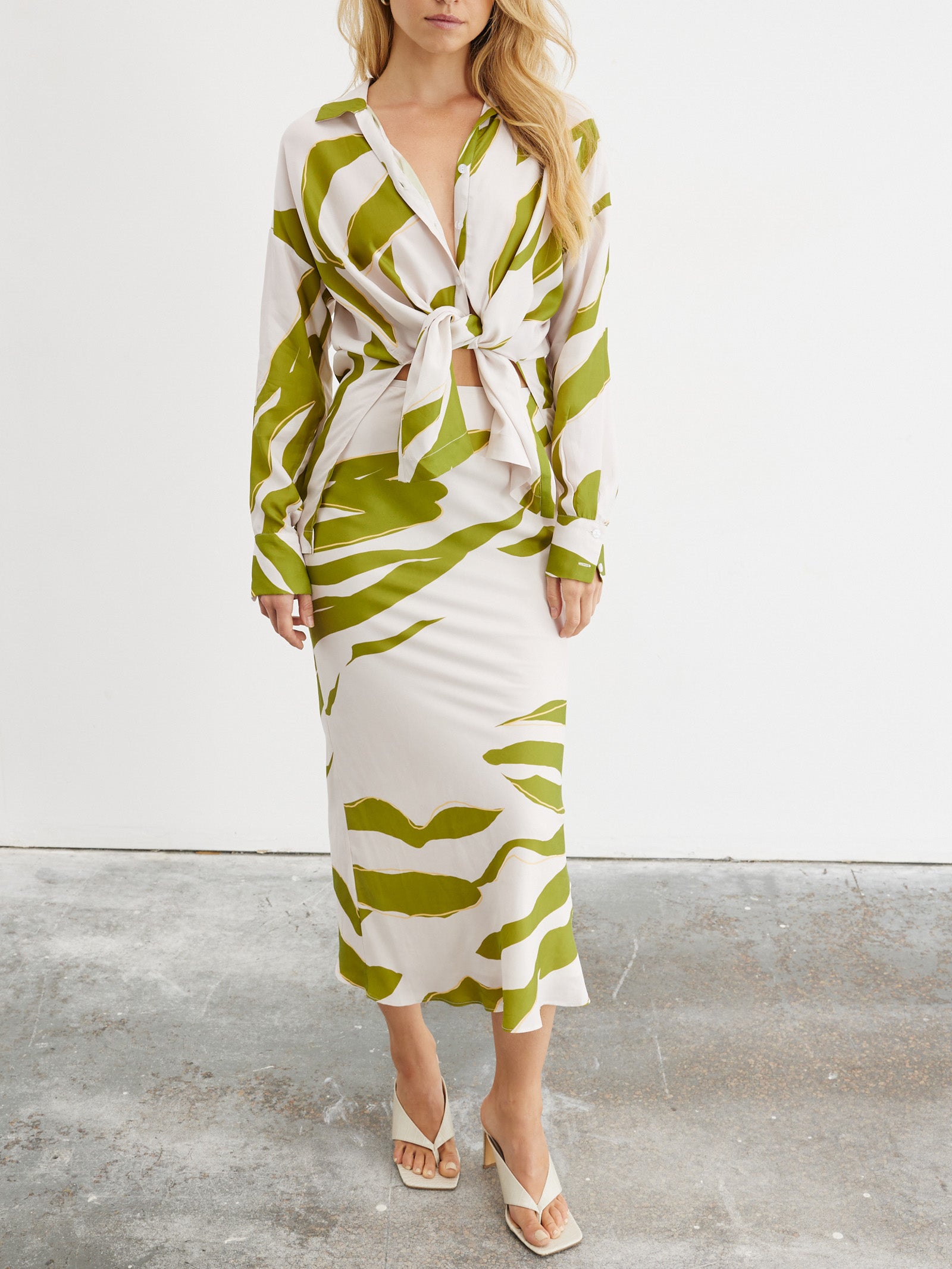 Motion Bias Slip Skirt in Chalk White & Olive Green Print - Glue Store