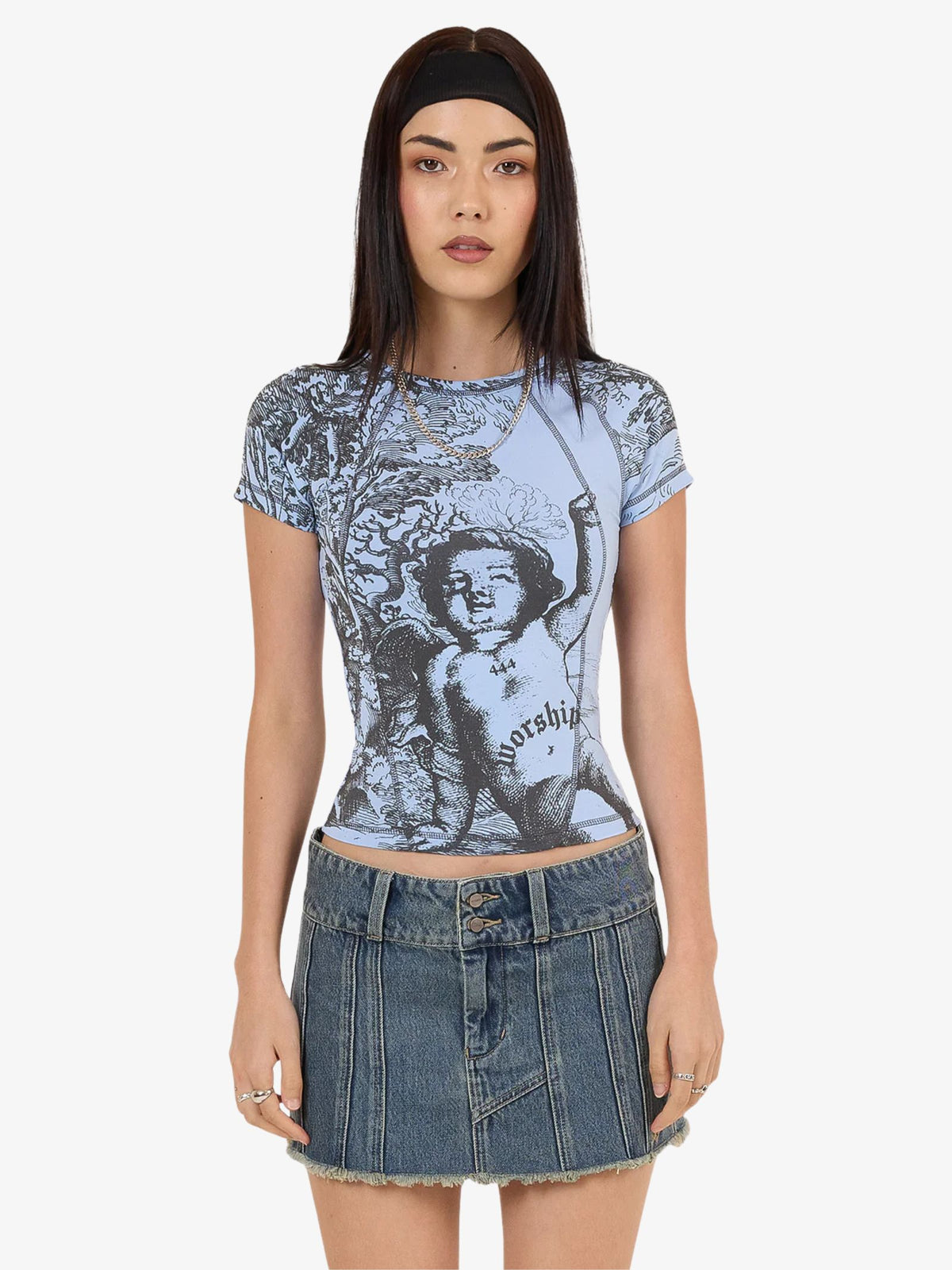 Worship Not Your Angel Panelled Raglan Tee | Bell Air Blue