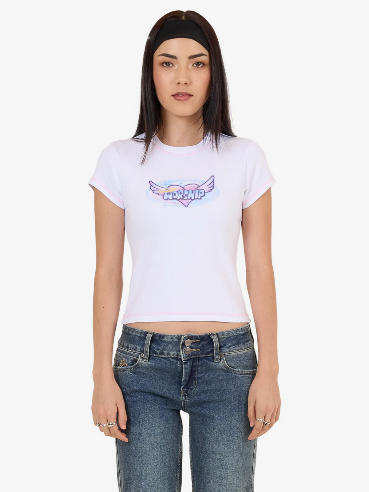 Worship Not Your Angel Cap Sleeve Tee | White