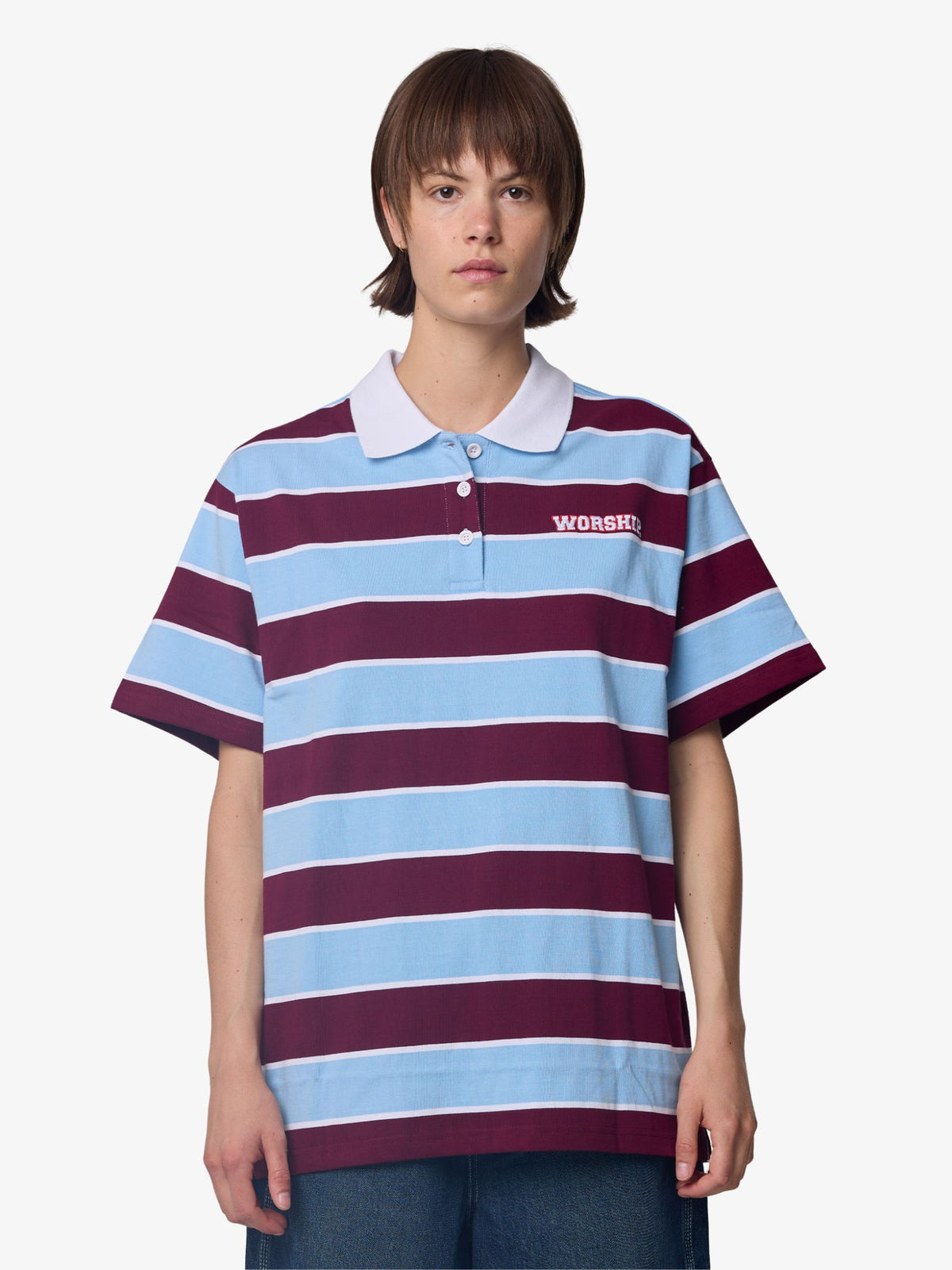 Worship Belter Box Fit Polo | Willow Blue - Deep Cherry