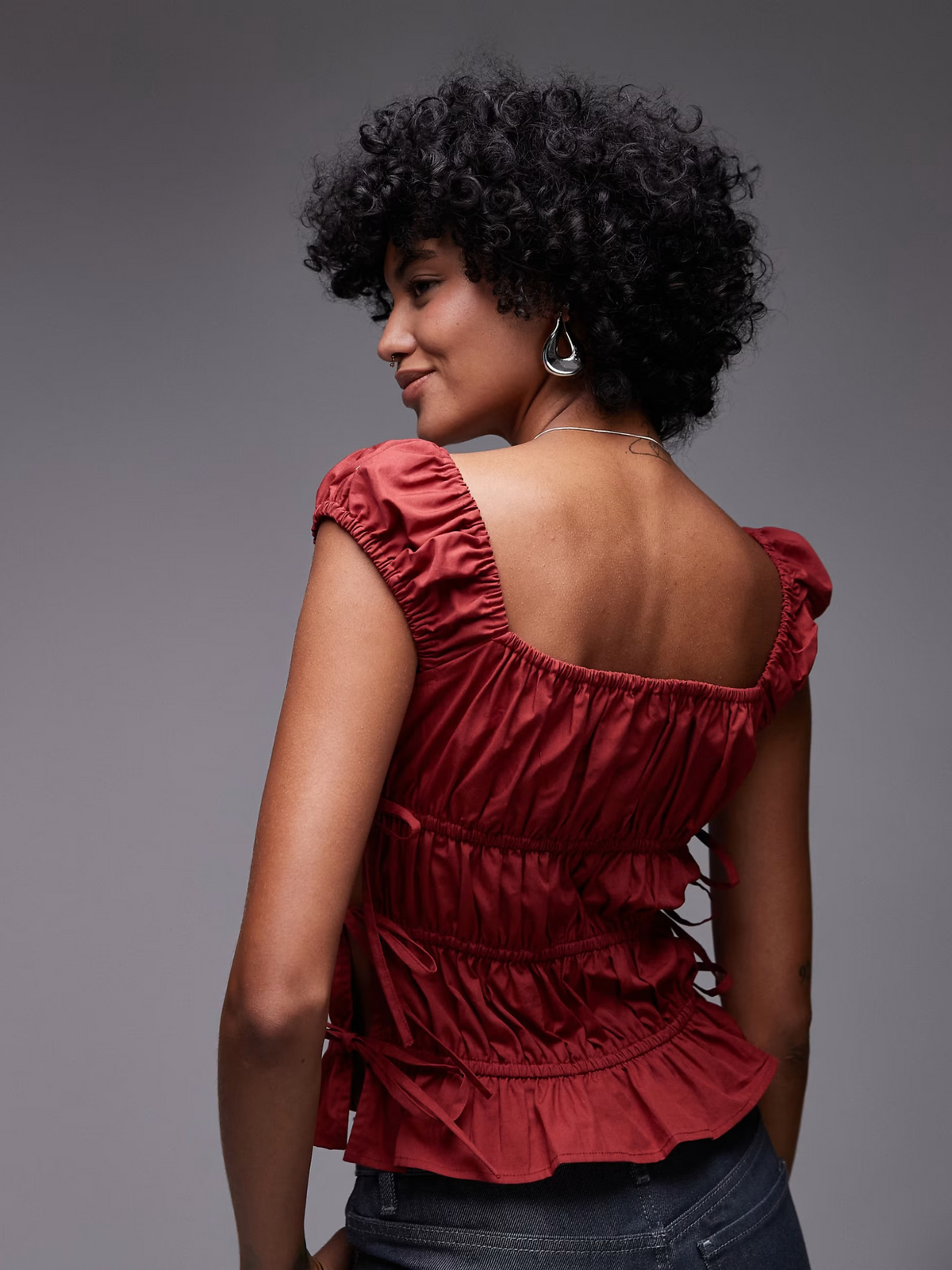 Topshop Ruched Tiered Tie Side Top | Rust