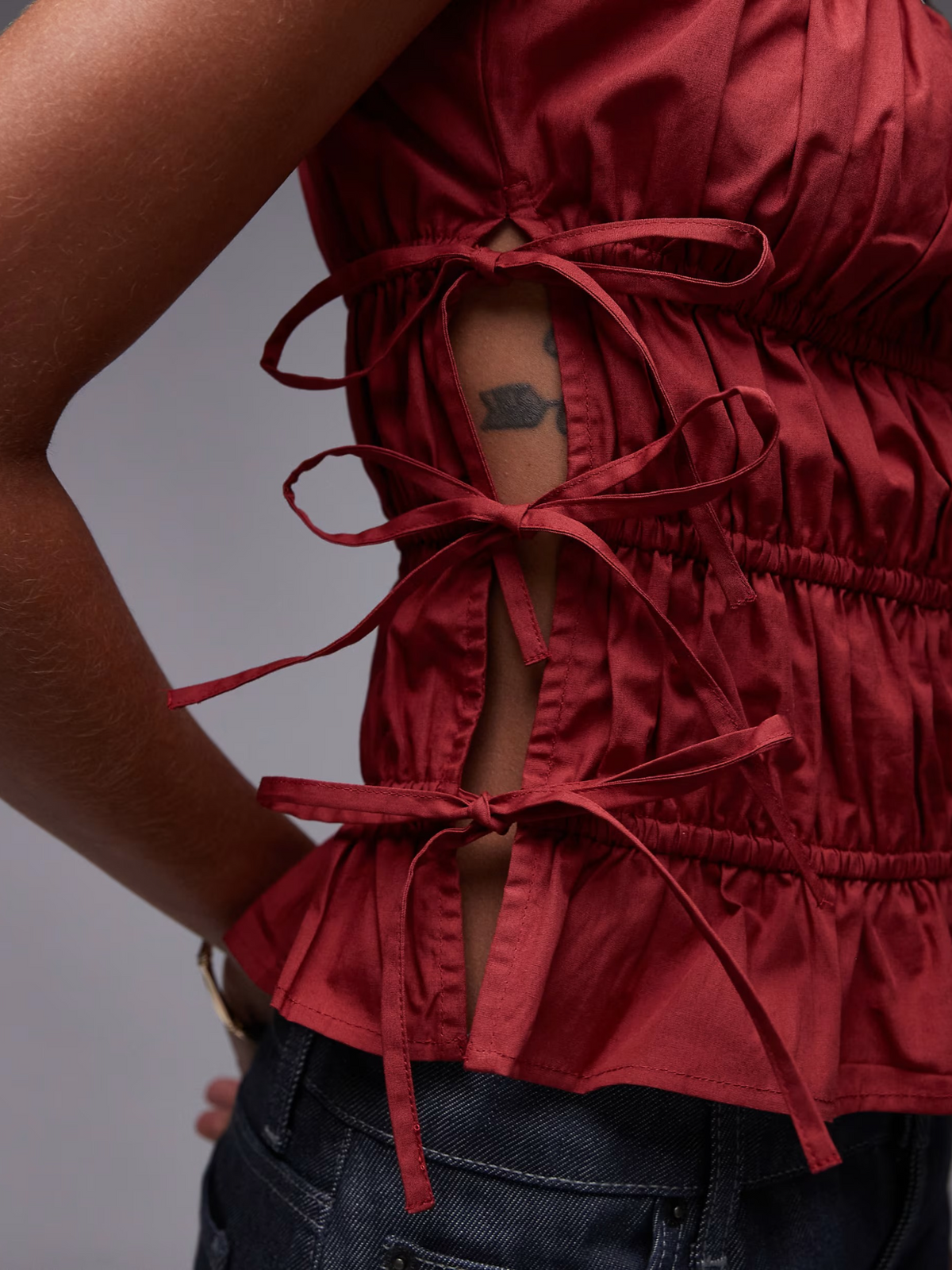 Topshop Ruched Tiered Tie Side Top | Rust