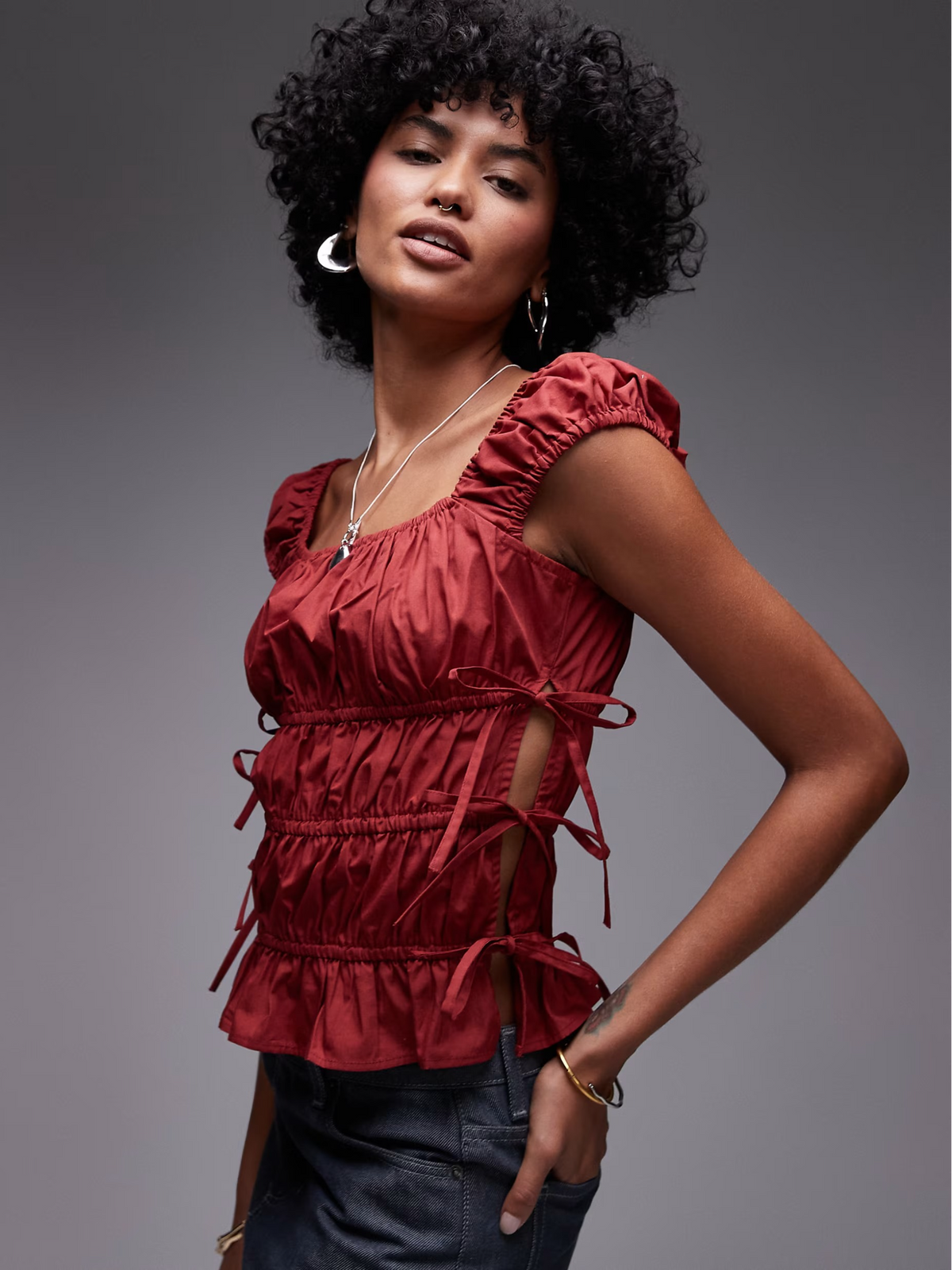 Topshop Ruched Tiered Tie Side Top | Rust