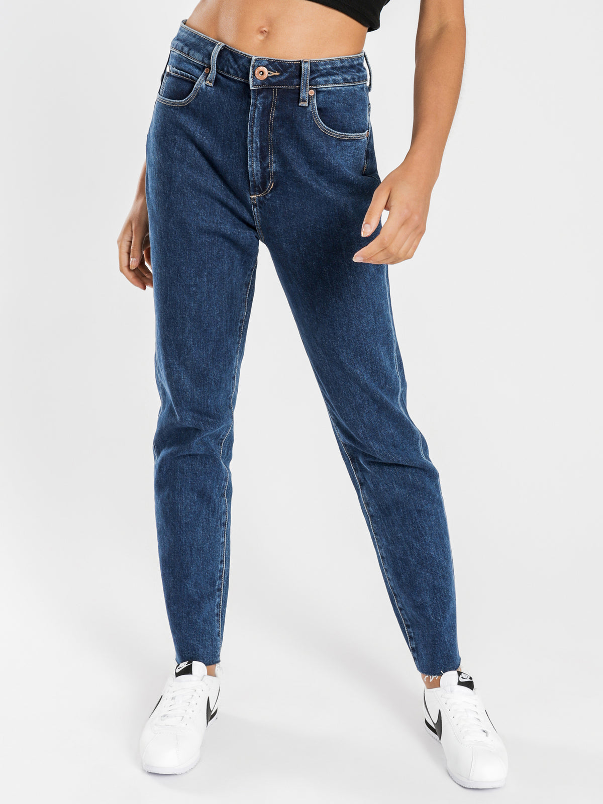 High Amy Mom Slim Jeans in Heavy Rinse Blue Denim