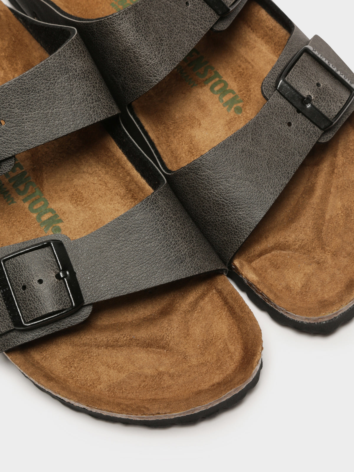 Unisex Arizona Vegan Footbed Birko-Flor Pull-Up Sandals in Athracite Black