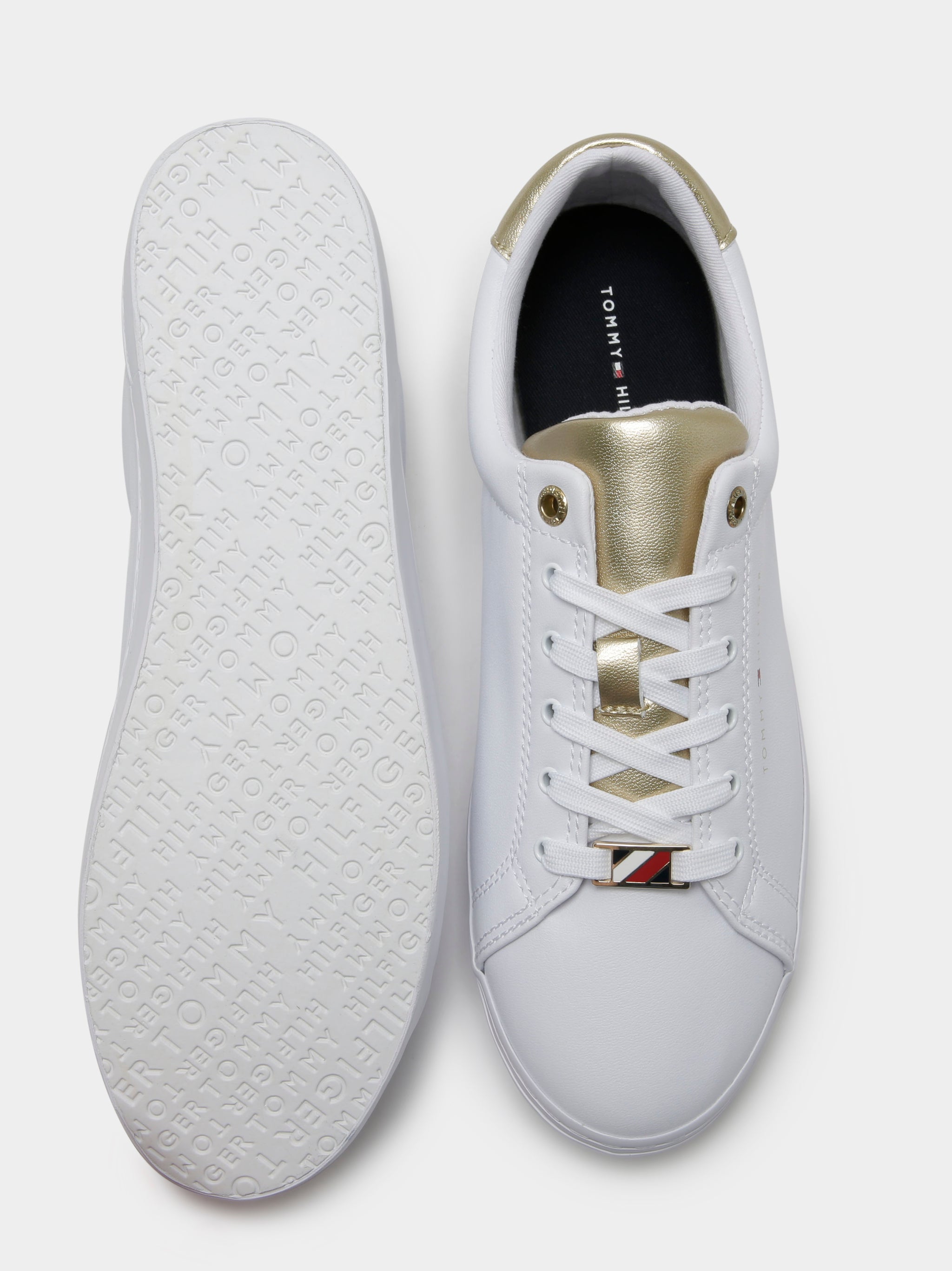 Tommy Hilfiger Womens White & Gold Leather Sneakers