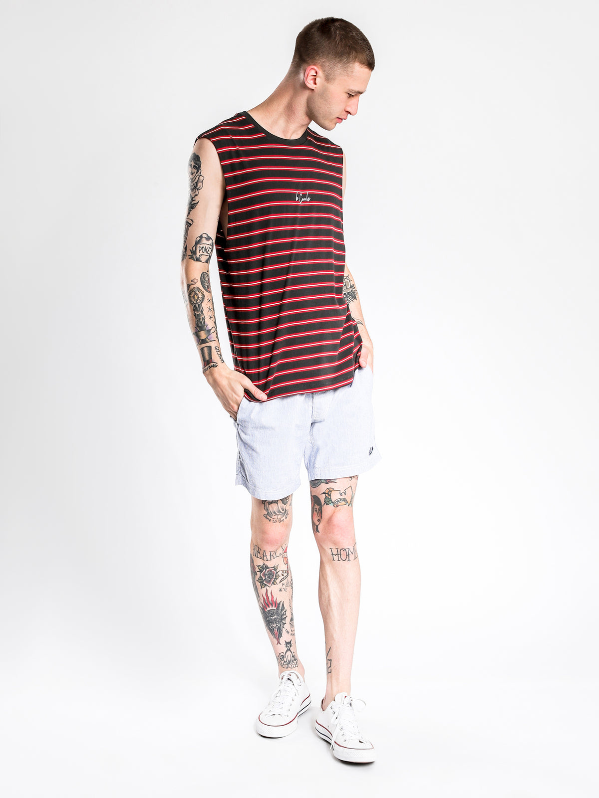 B Cools Muscle T-Shirt in Black &amp; Red Stripe